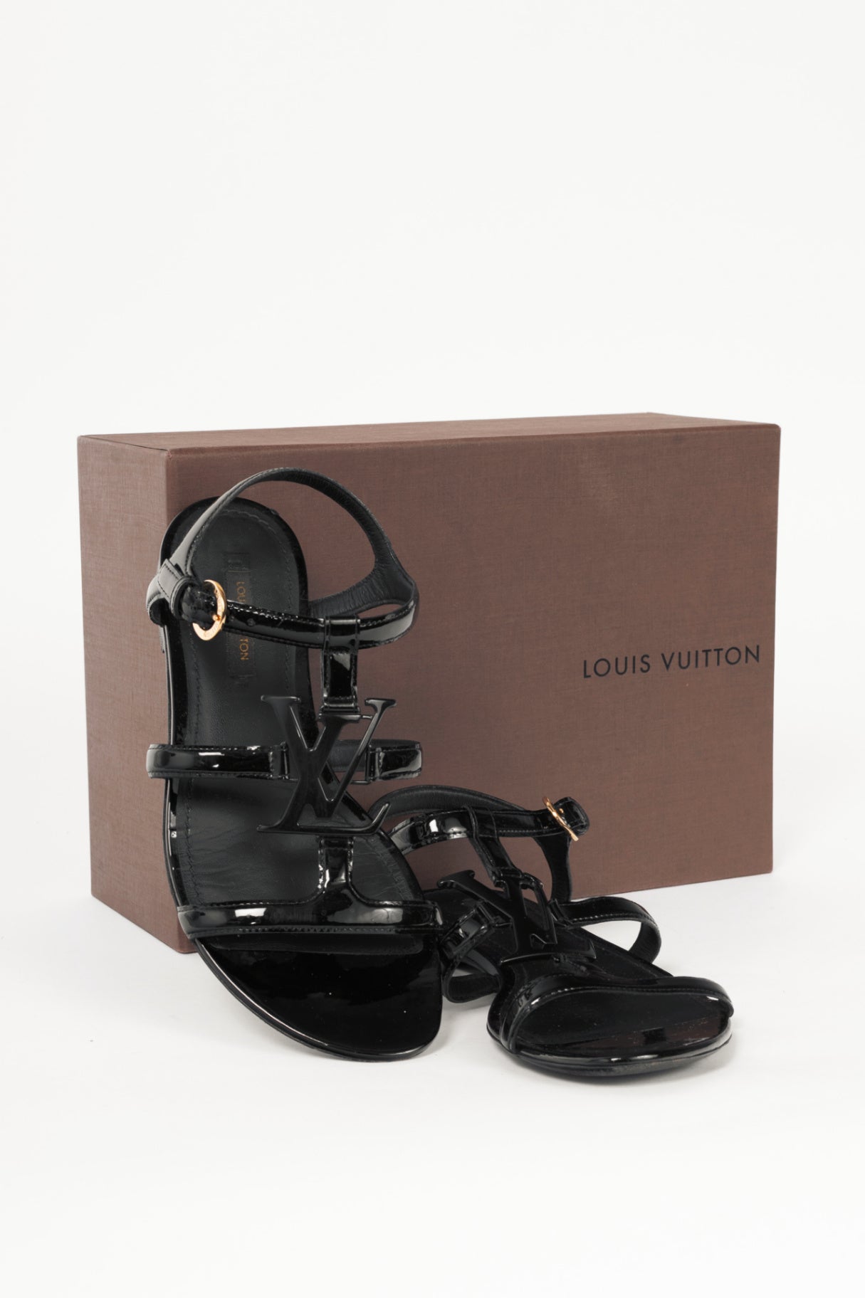 Louis Vuitton Black Patent Leather LV Flat Sandals