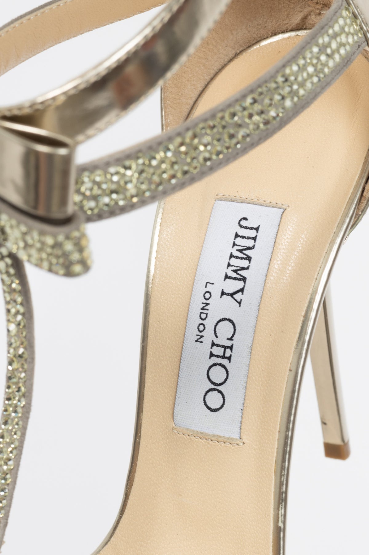 Jimmy Choo Escape Champagne & Lemon Patent & Suede Rhinestone Bow Sandals