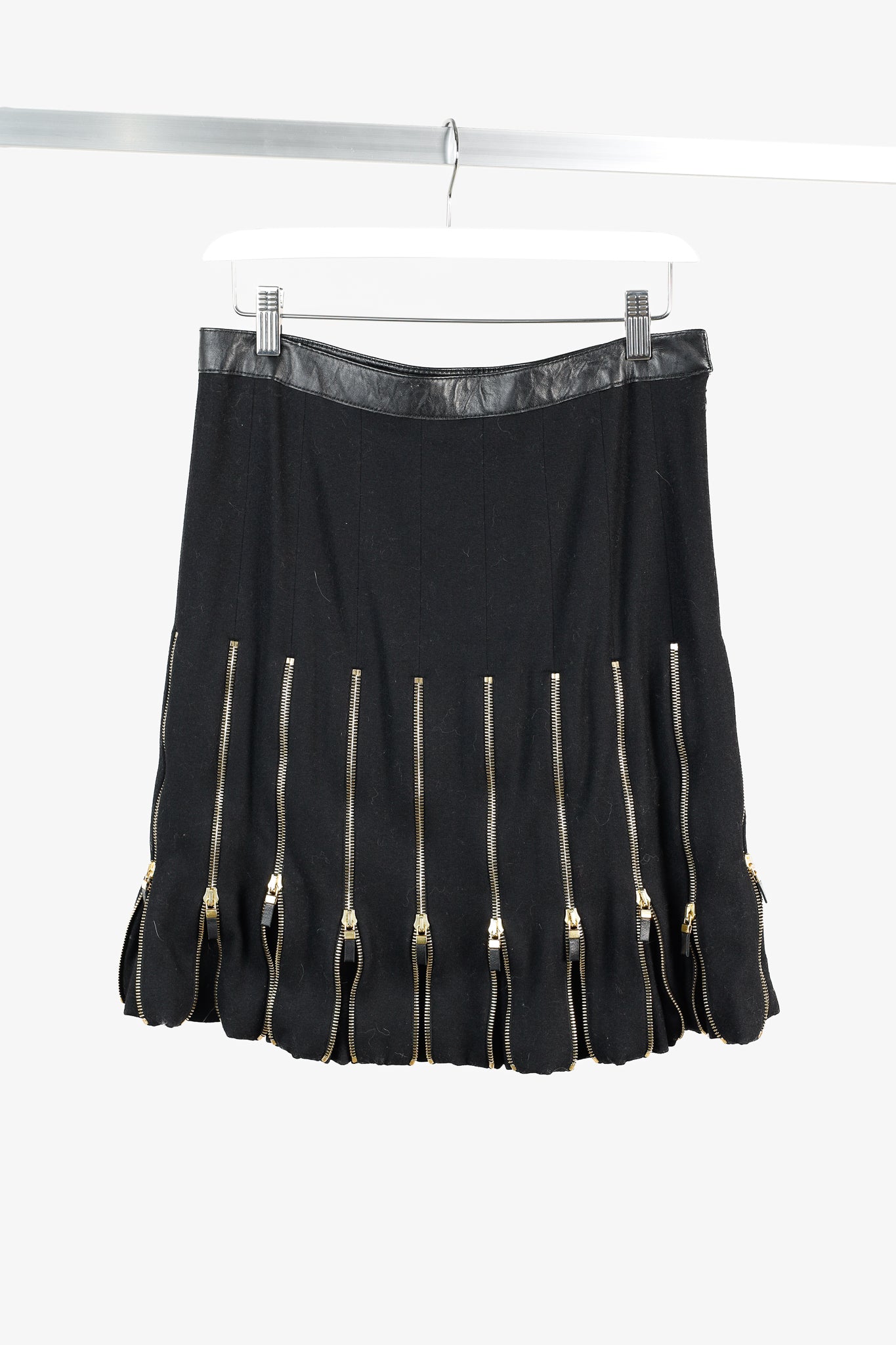 Alexander McQueen Black Wool Leather-Trim Zippered-Hem Skirt
