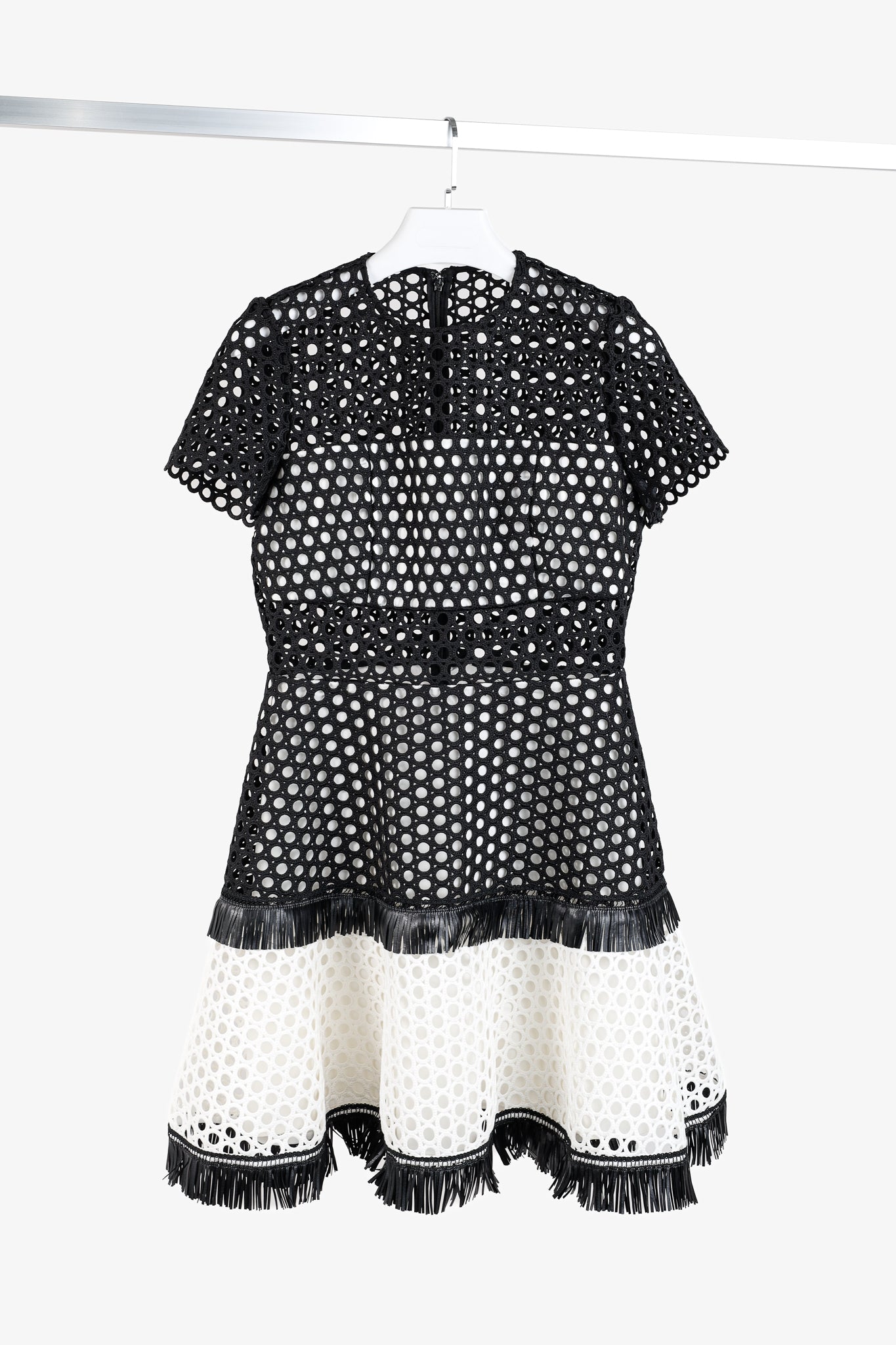 Alexis Cinthia Black & White Embroidered Round Eyelets Fringe Dress