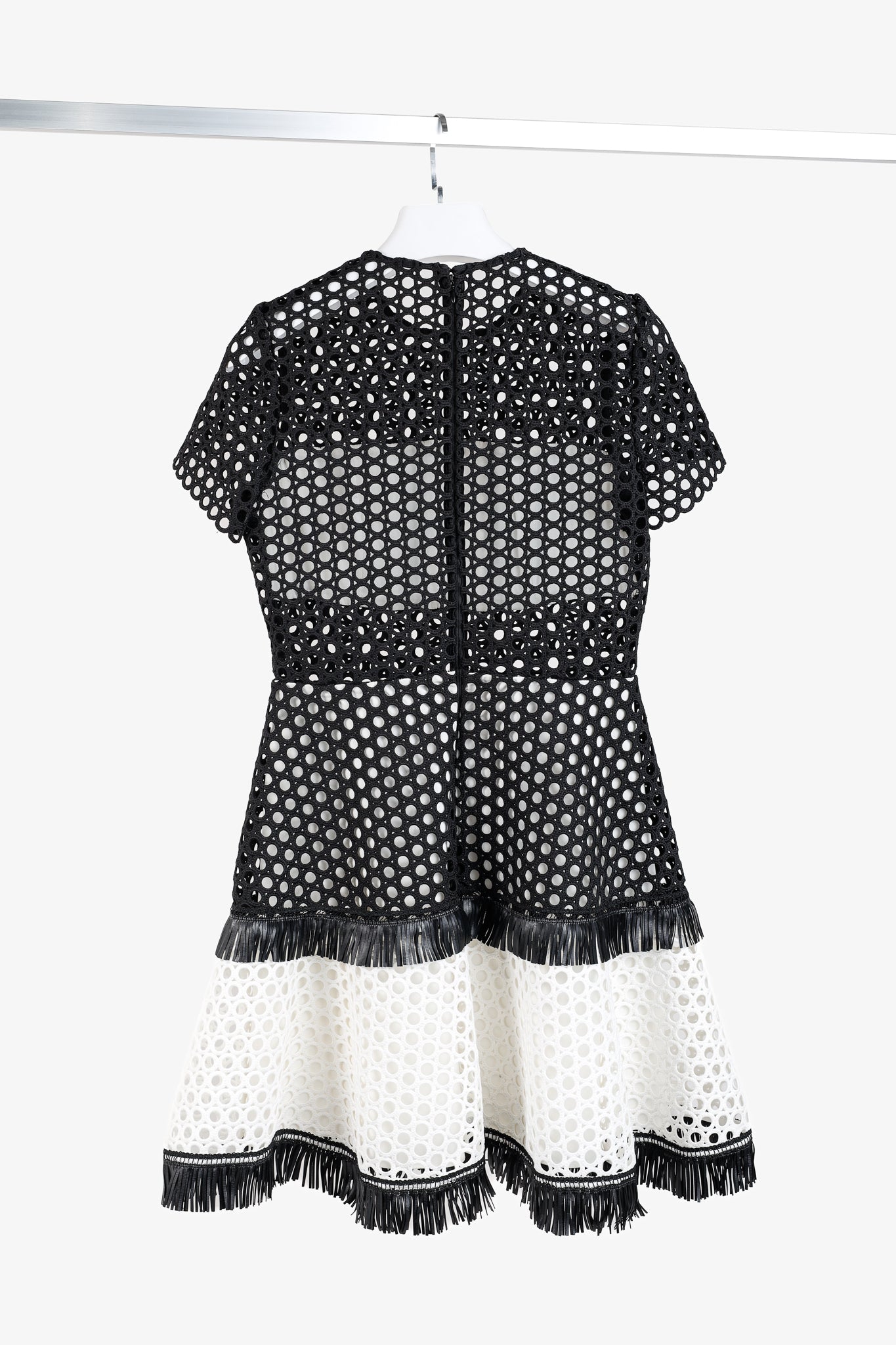 Alexis Cinthia Black & White Embroidered Round Eyelets Fringe Dress