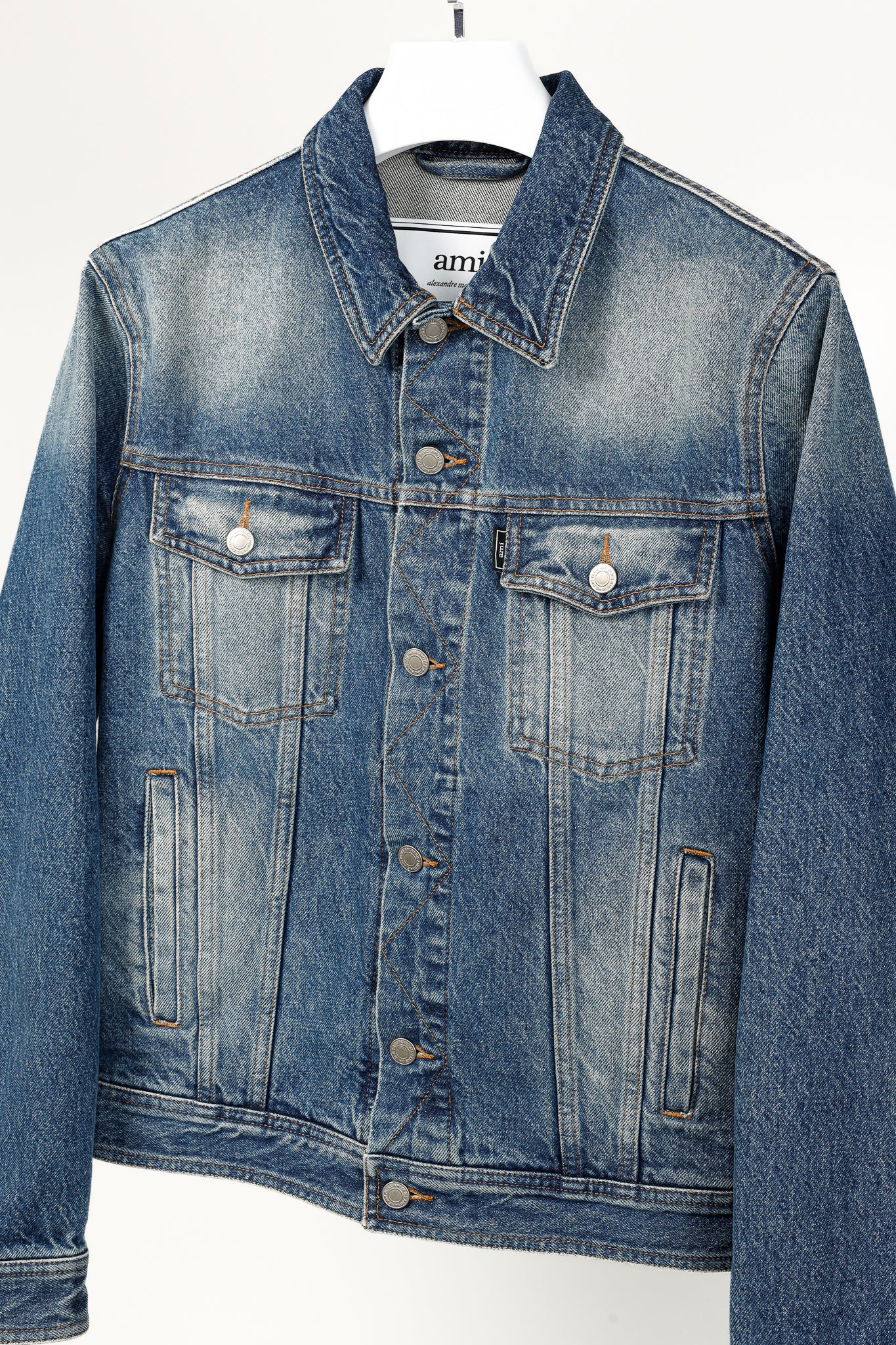 AMI Blue Weathered Patch-Pocket Denim Jacket