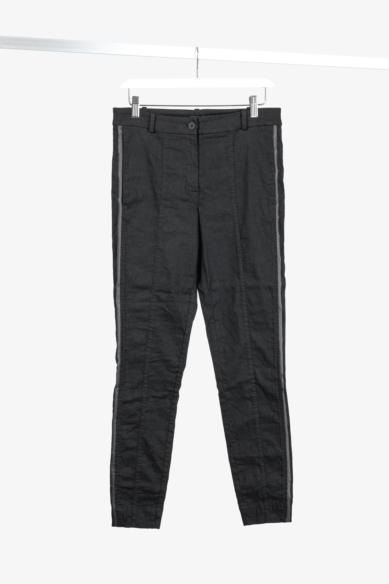 Annette Gortz SS/20 Stick Black Stretch-Linen Cropped Side-Stripe Pants