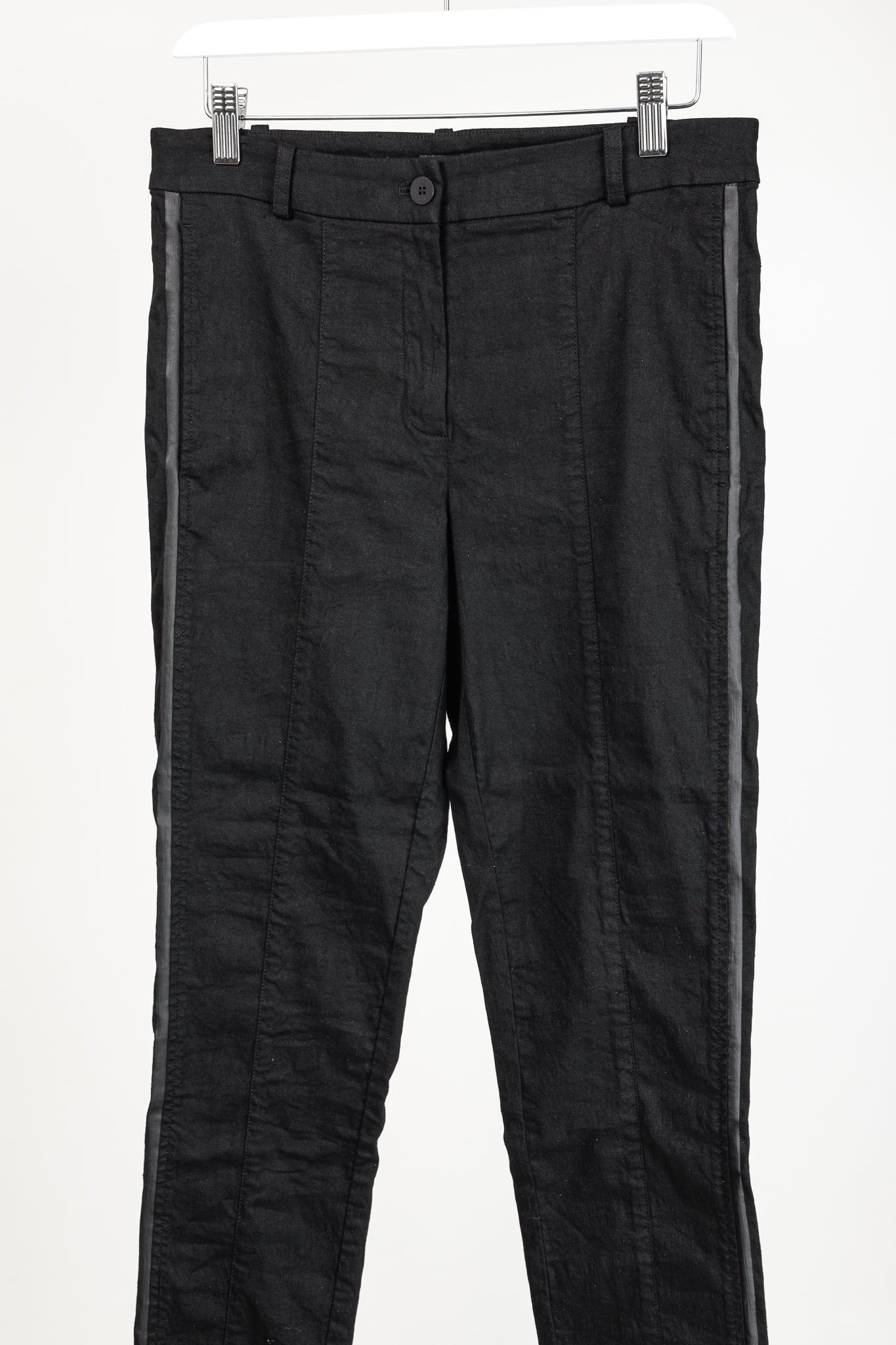 Annette Gortz SS/20 Stick Black Stretch-Linen Cropped Side-Stripe Pants