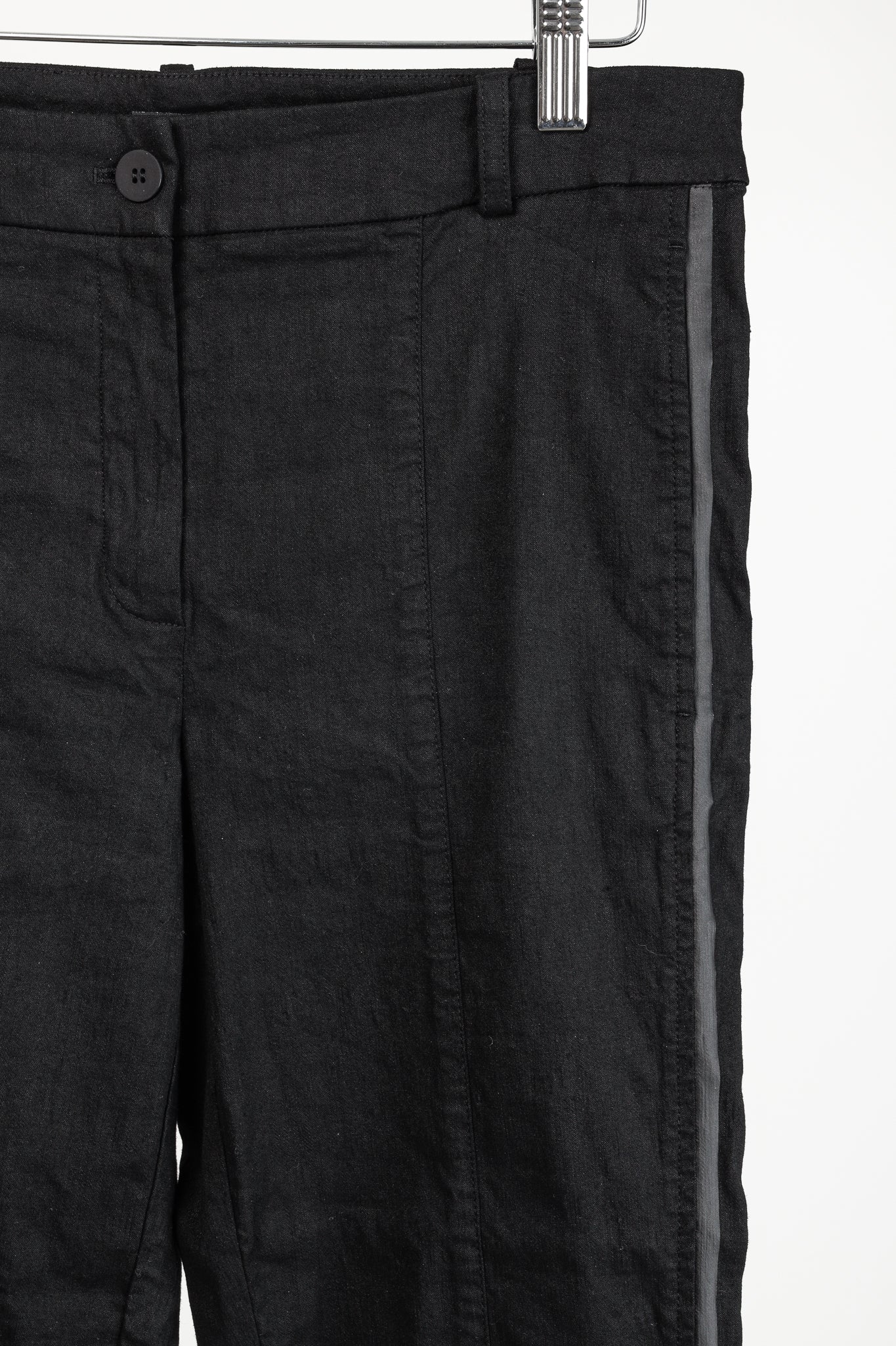 Annette Gortz SS/20 Stick Black Stretch-Linen Cropped Side-Stripe Pants