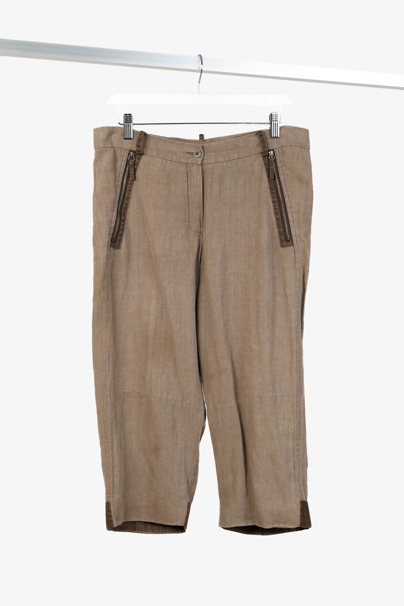 Annette Gortz SS/16 Rai Brown Linen Trim-Detail Zip-Pocket Culottes