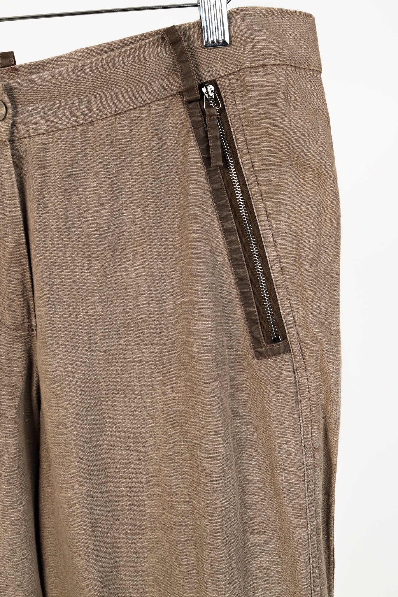 Annette Gortz SS/16 Rai Brown Linen Trim-Detail Zip-Pocket Culottes