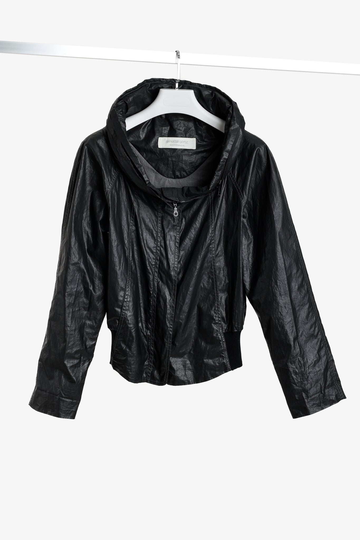 Annette Gortz Artes Black Coated Cotton Concealed Hood Bomber Jacket