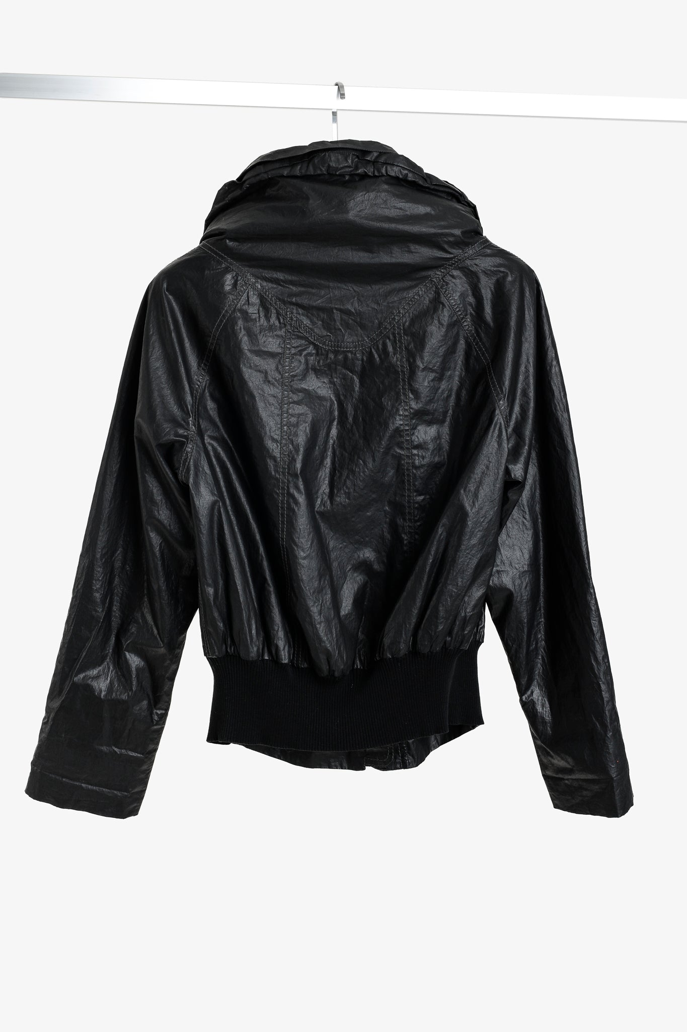 Annette Gortz Artes Black Coated Cotton Concealed Hood Bomber Jacket