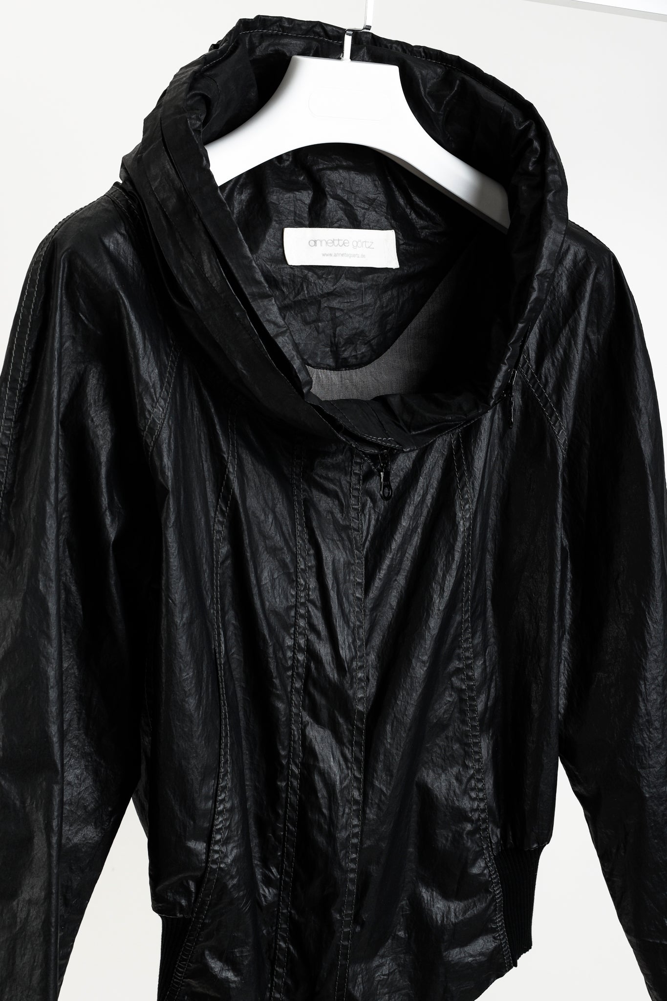 Annette Gortz Artes Black Coated Cotton Concealed Hood Bomber Jacket