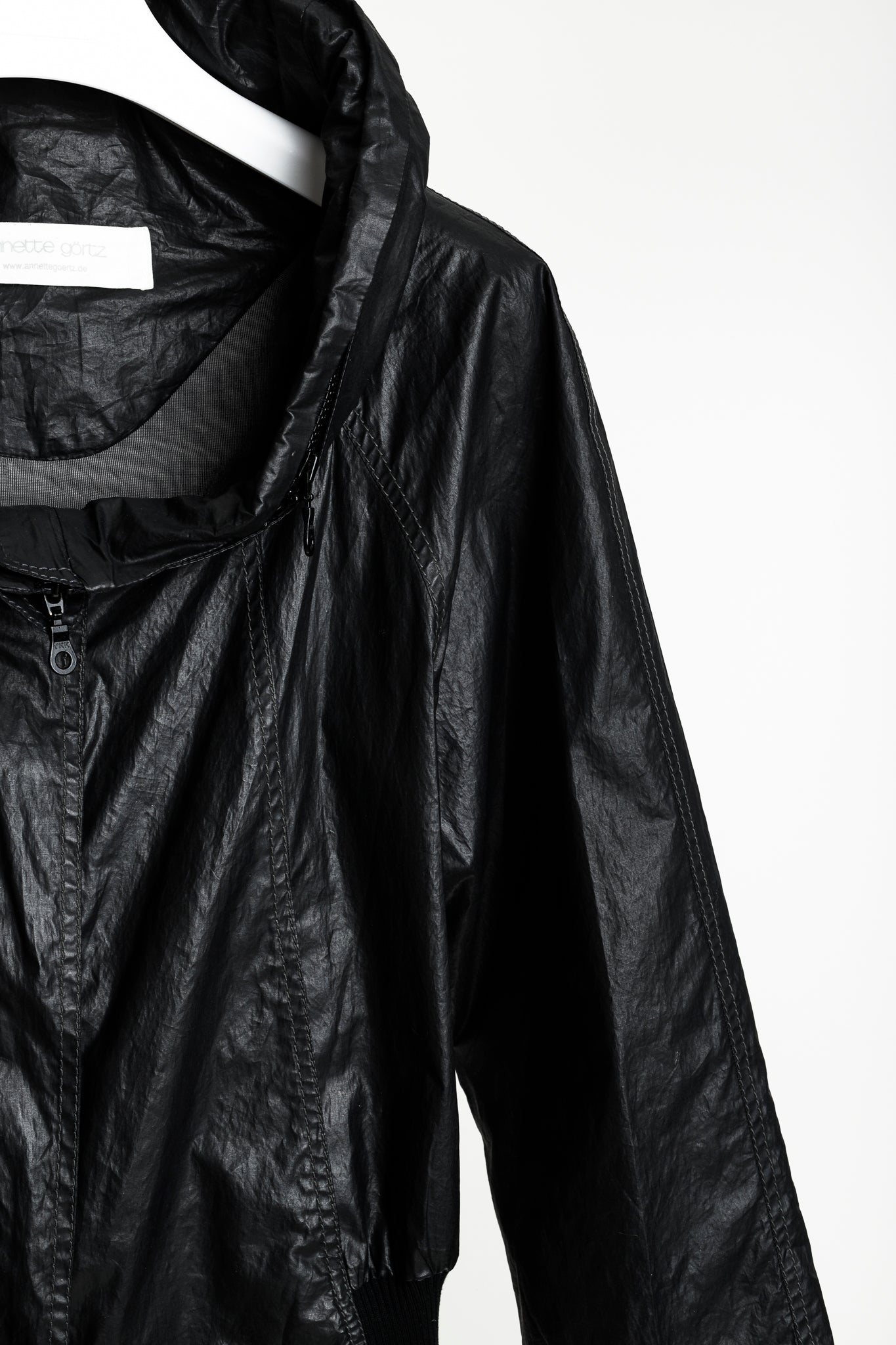 Annette Gortz Artes Black Coated Cotton Concealed Hood Bomber Jacket