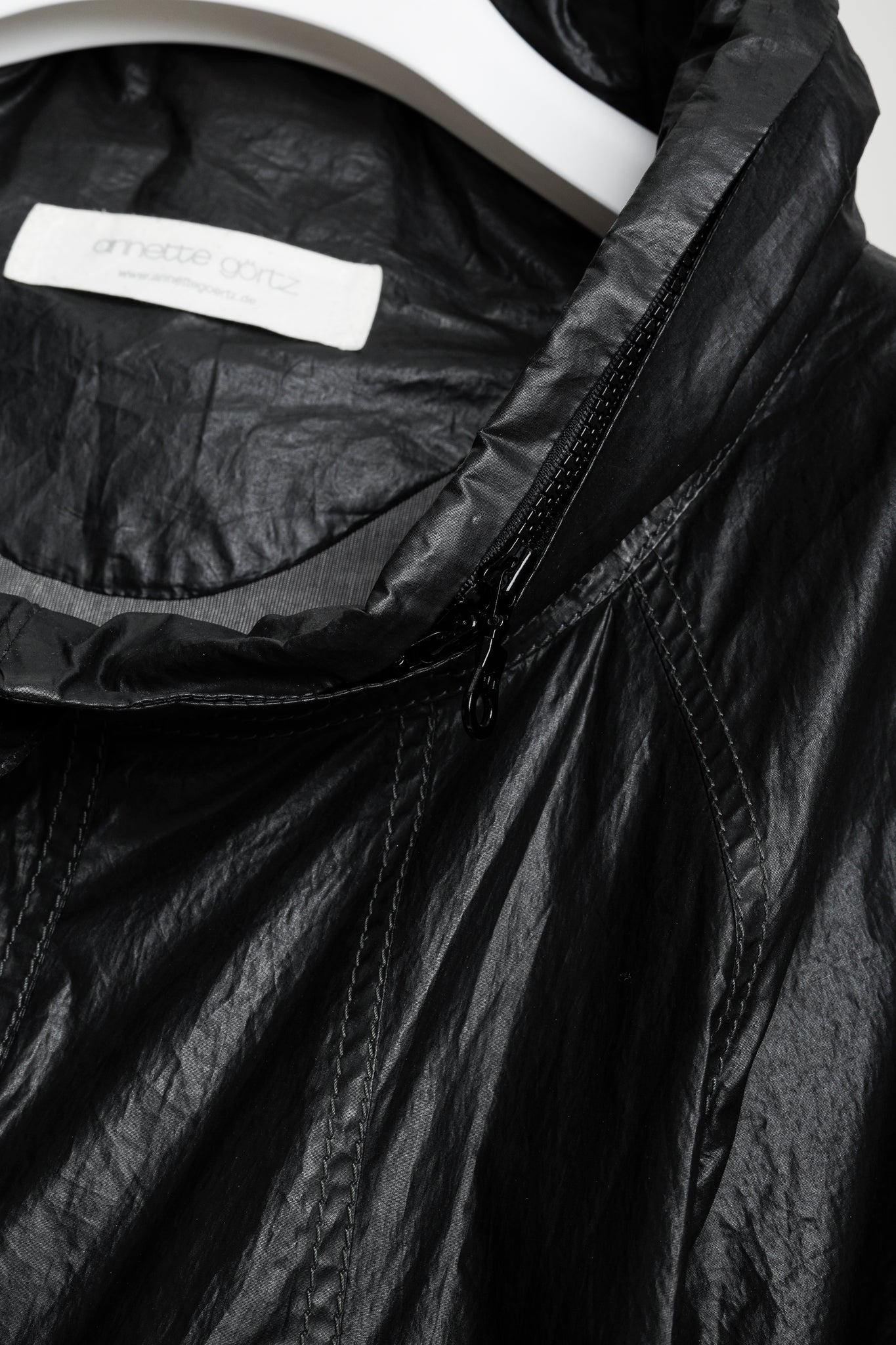 Annette Gortz Artes Black Coated Cotton Concealed Hood Bomber Jacket