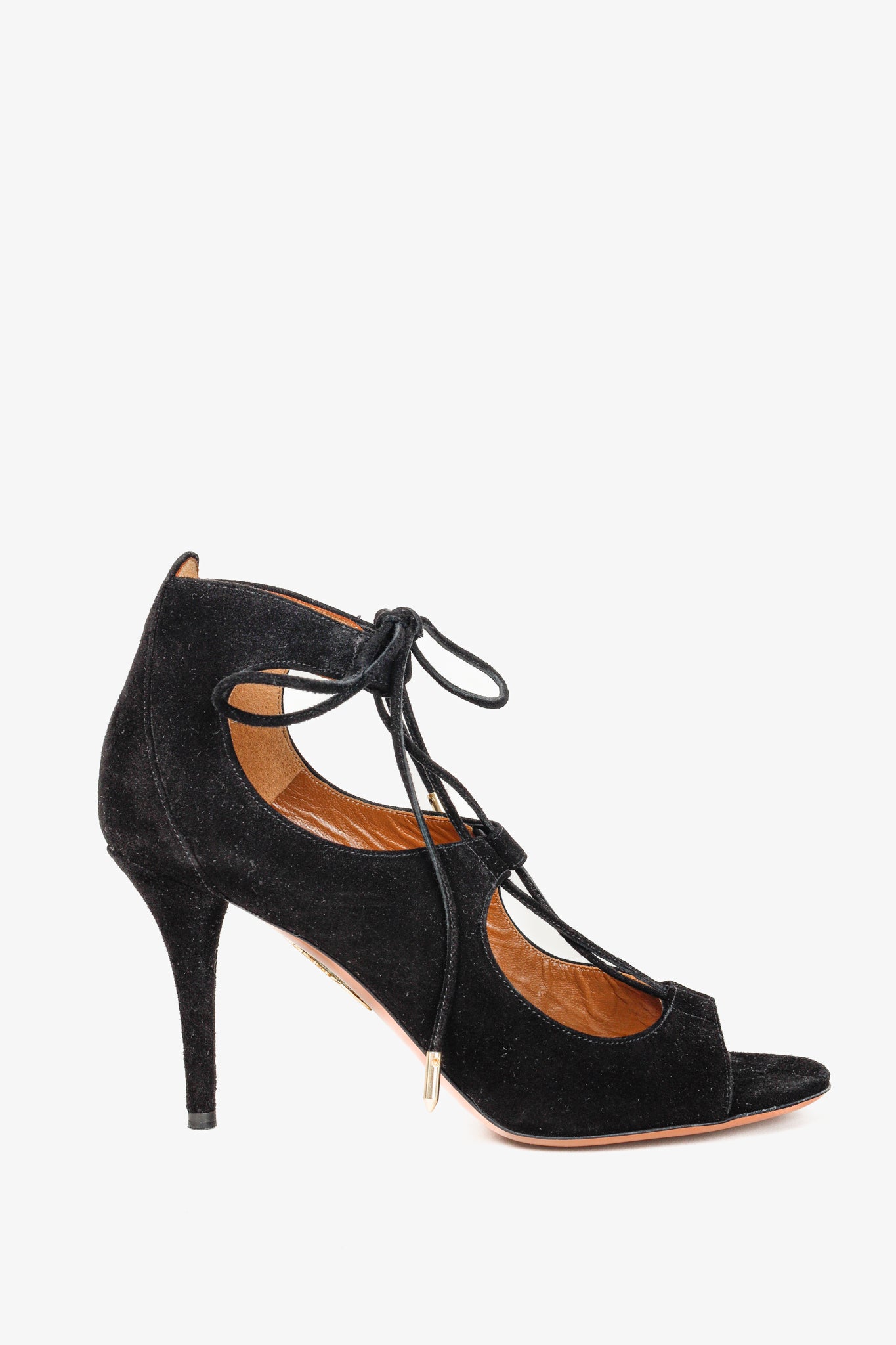 Aquazzura Firenze Christy Mid-Heel Black Suede Lace-Up Pumps