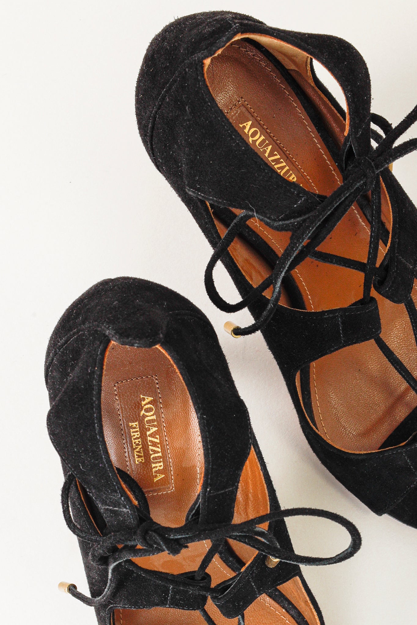 Aquazzura Firenze Christy Mid-Heel Black Suede Lace-Up Pumps