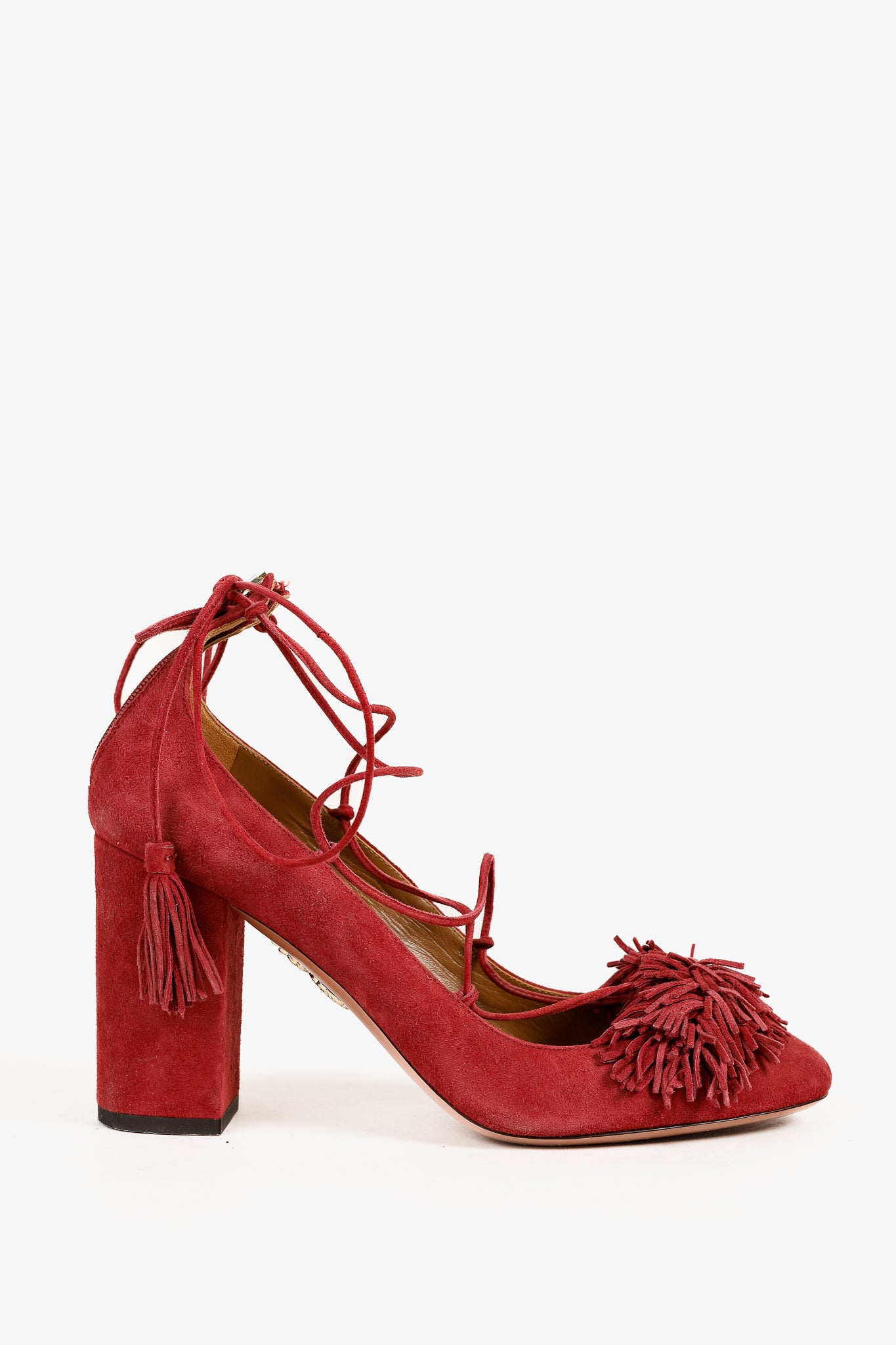 Aquazzura Wild Thing Pomegranate Fringe Lace-Up Block-Heel Pumps