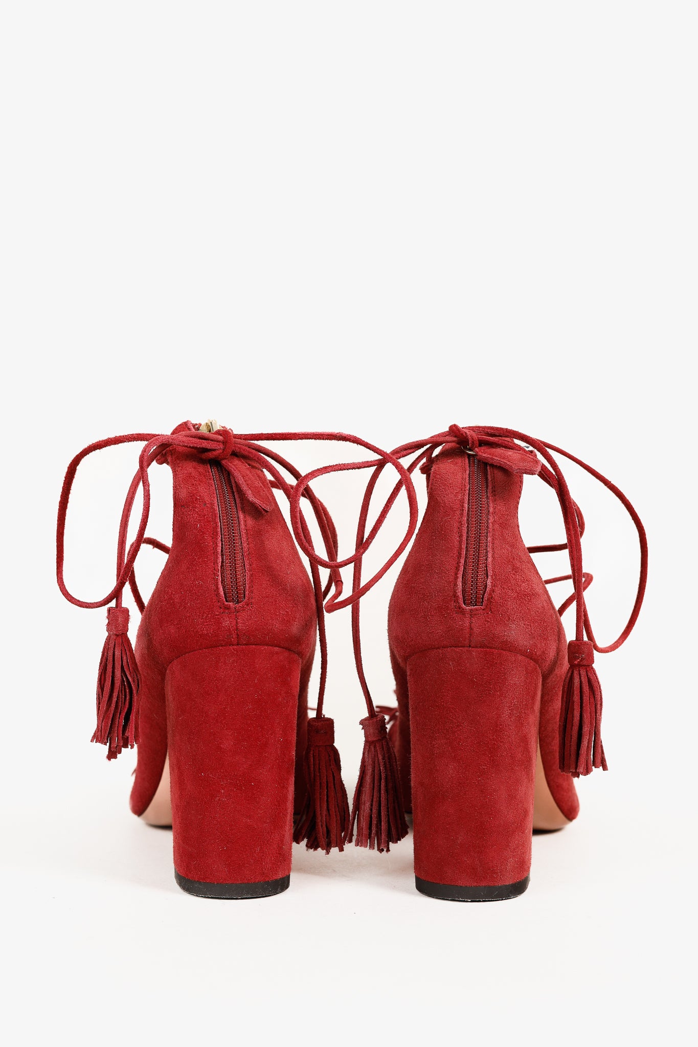 Aquazzura Wild Thing Pomegranate Fringe Lace-Up Block-Heel Pumps