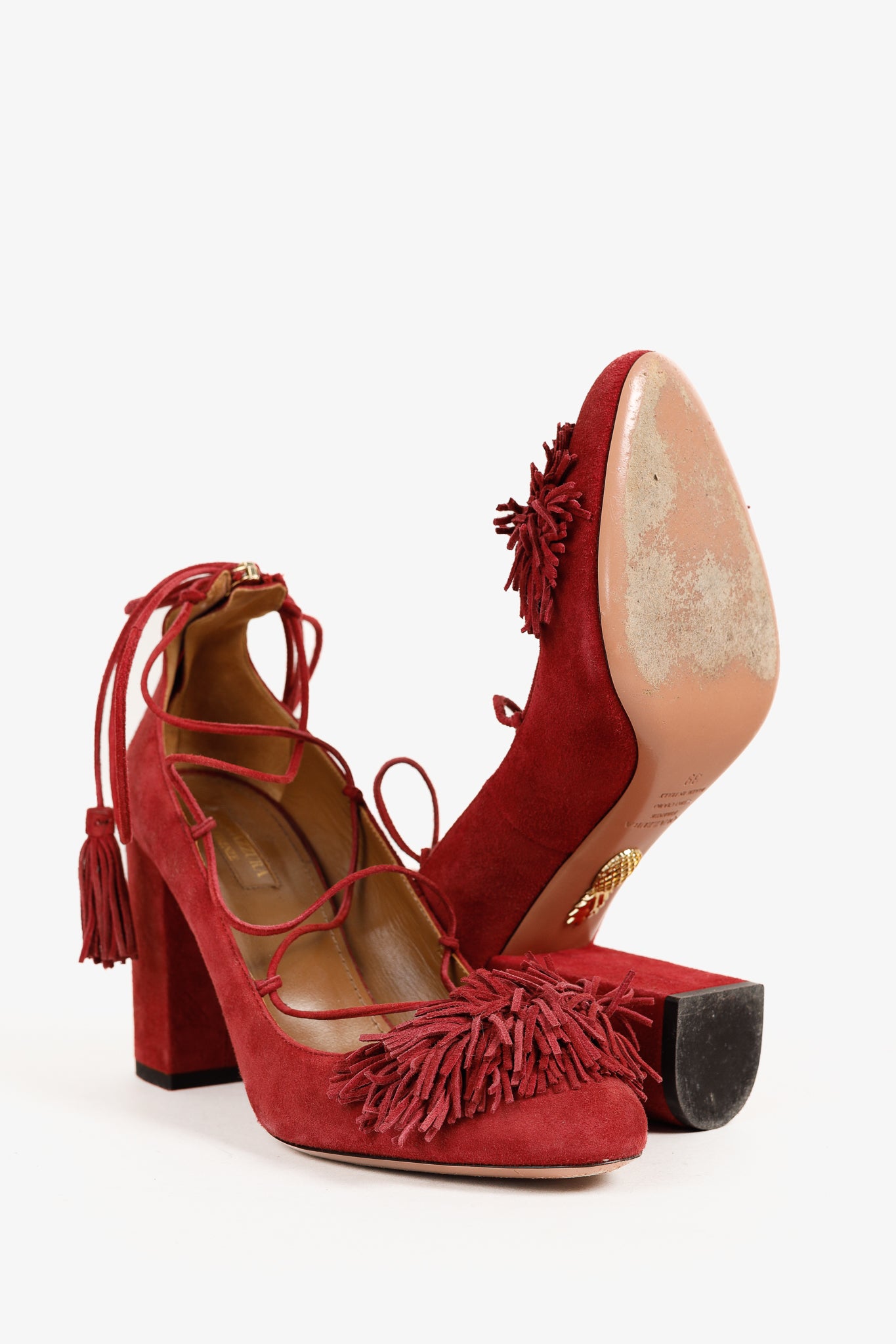 Aquazzura Wild Thing Pomegranate Fringe Lace-Up Block-Heel Pumps