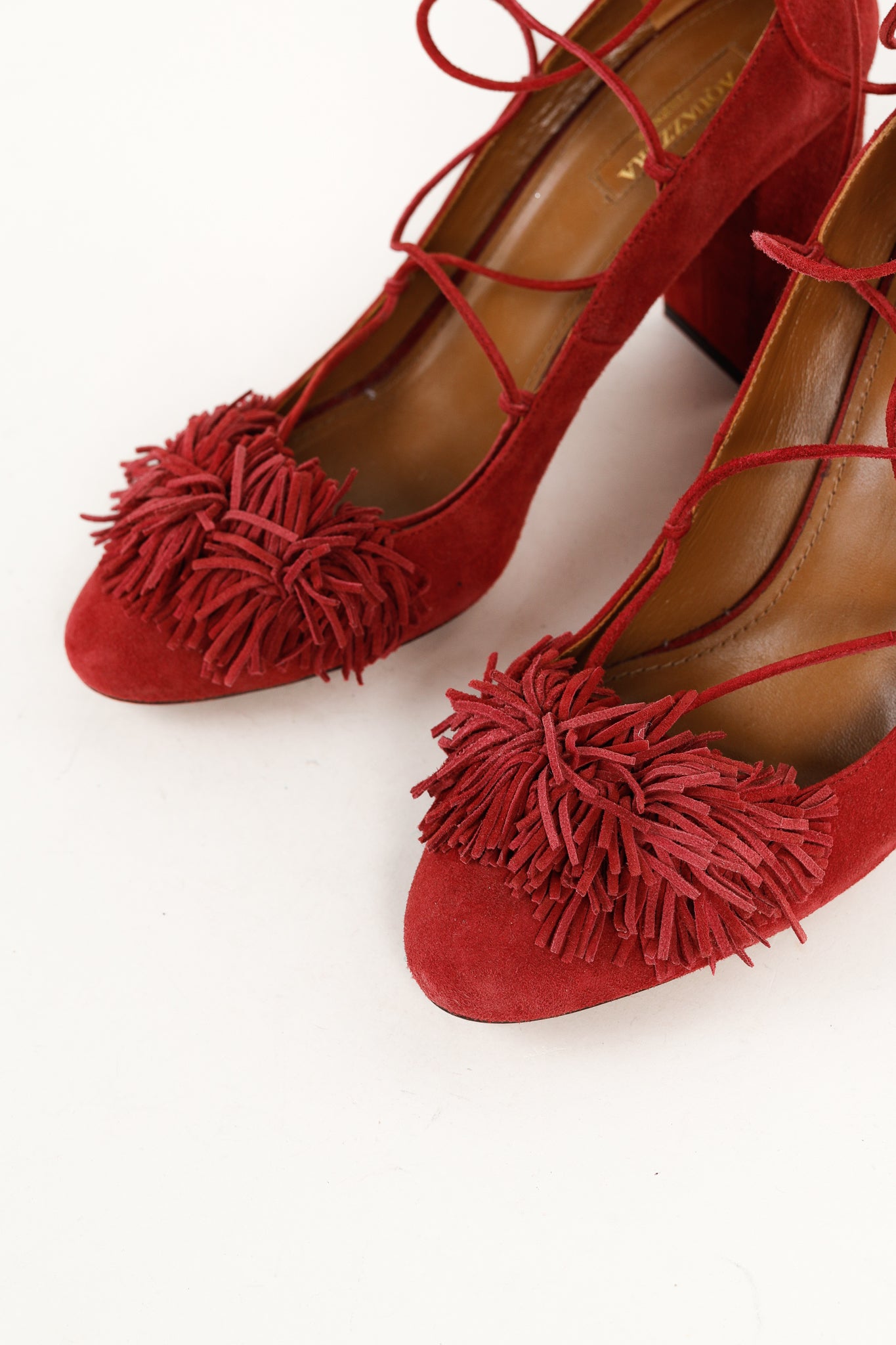 Aquazzura Wild Thing Pomegranate Fringe Lace-Up Block-Heel Pumps
