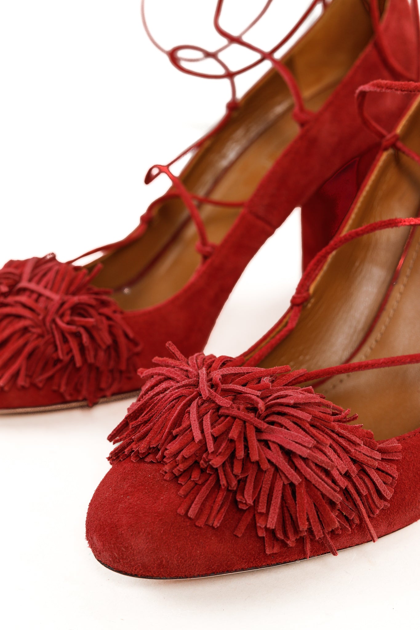 Aquazzura Wild Thing Pomegranate Fringe Lace-Up Block-Heel Pumps