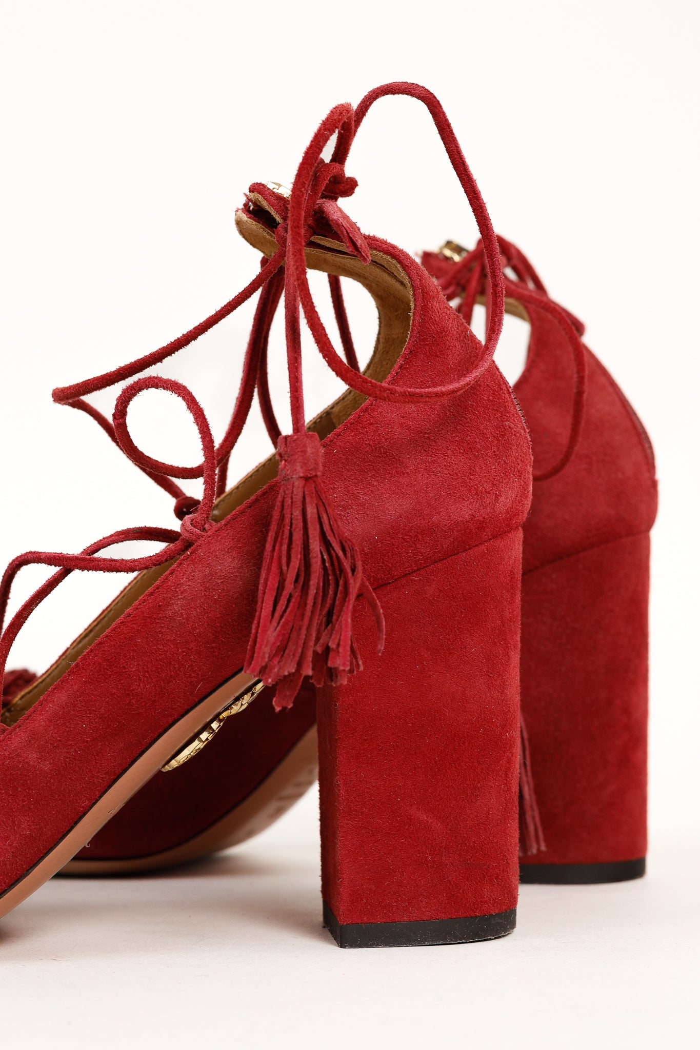 Aquazzura Wild Thing Pomegranate Fringe Lace-Up Block-Heel Pumps
