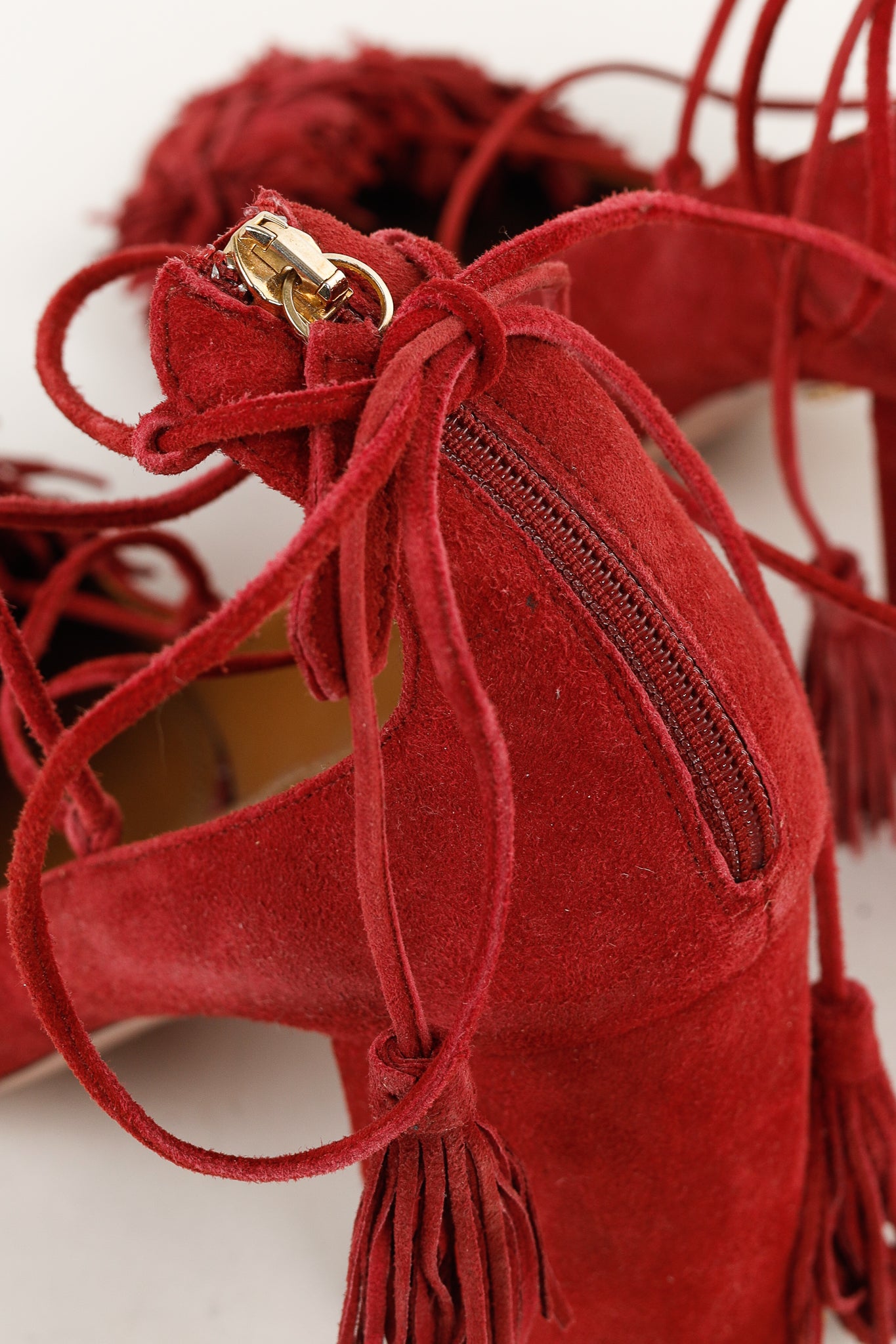 Aquazzura Wild Thing Pomegranate Fringe Lace-Up Block-Heel Pumps