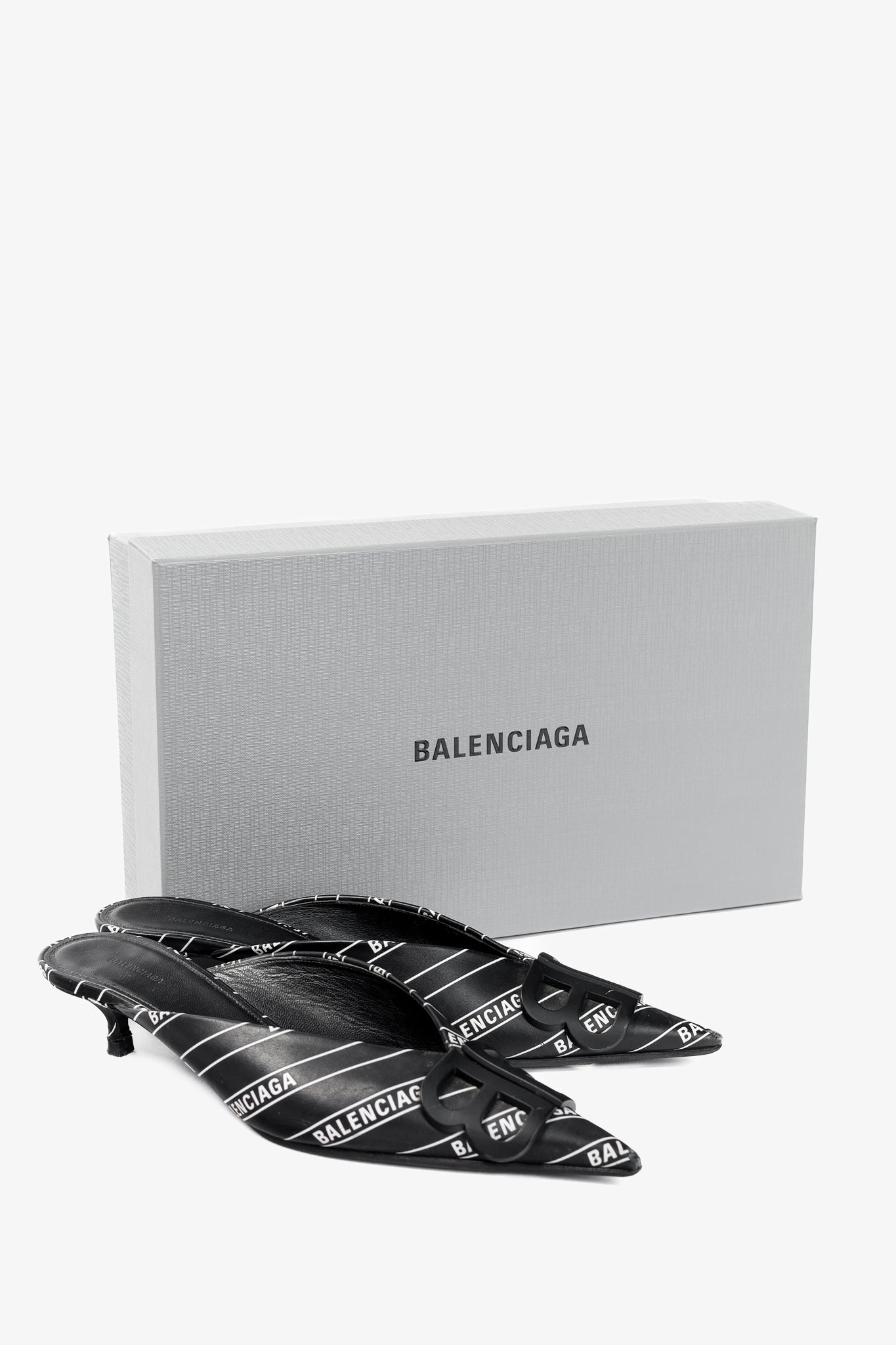 Balenciaga Black & White Logo-Printed BB Knife Mules