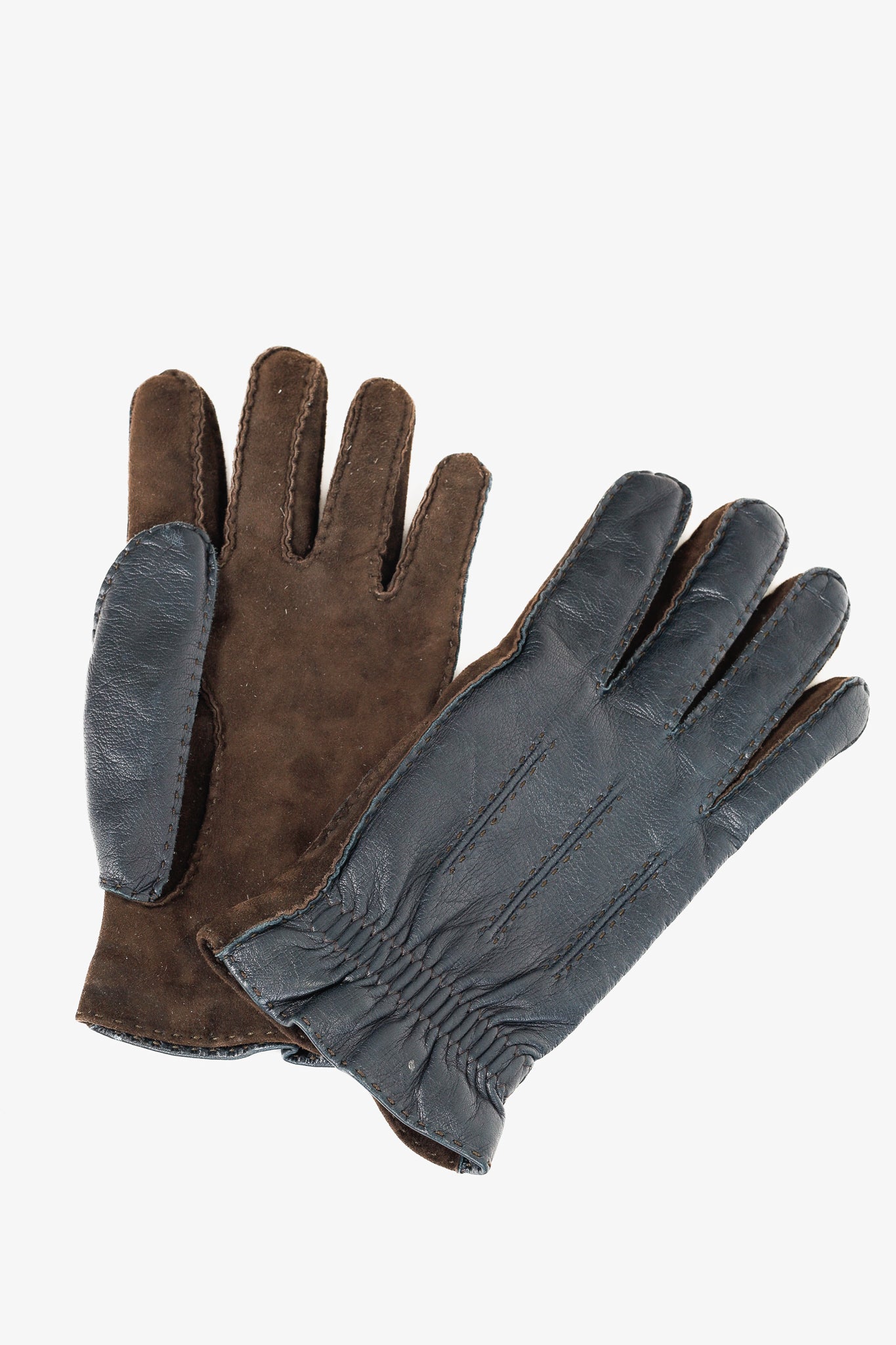 Brunello Cucinelli Navy & Brown Leather Two-Tone Gloves