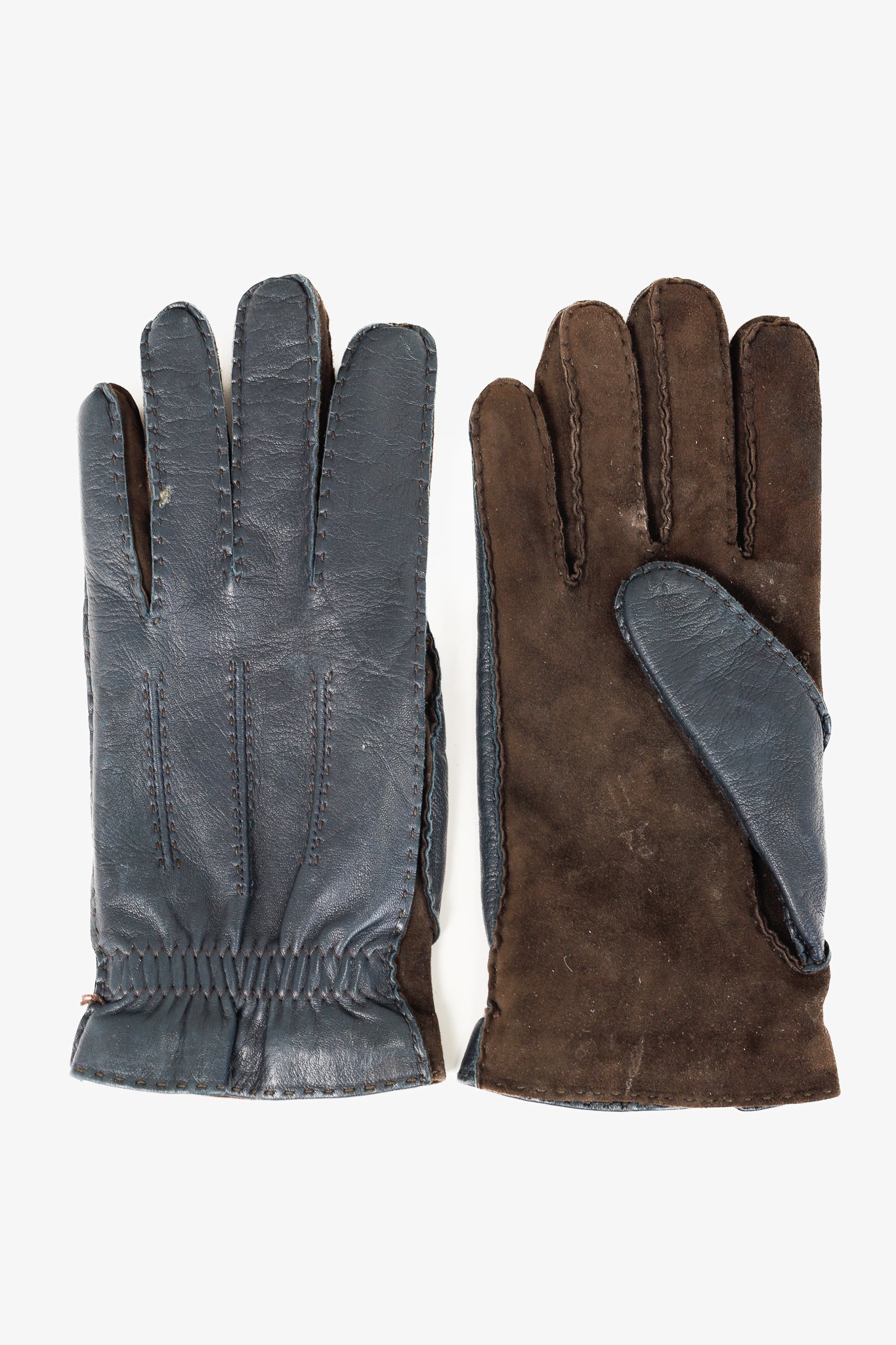 Brunello Cucinelli Navy & Brown Leather Two-Tone Gloves