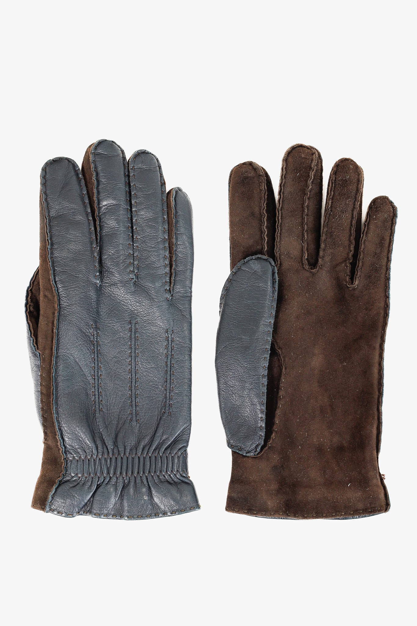 Brunello Cucinelli Navy & Brown Leather Two-Tone Gloves