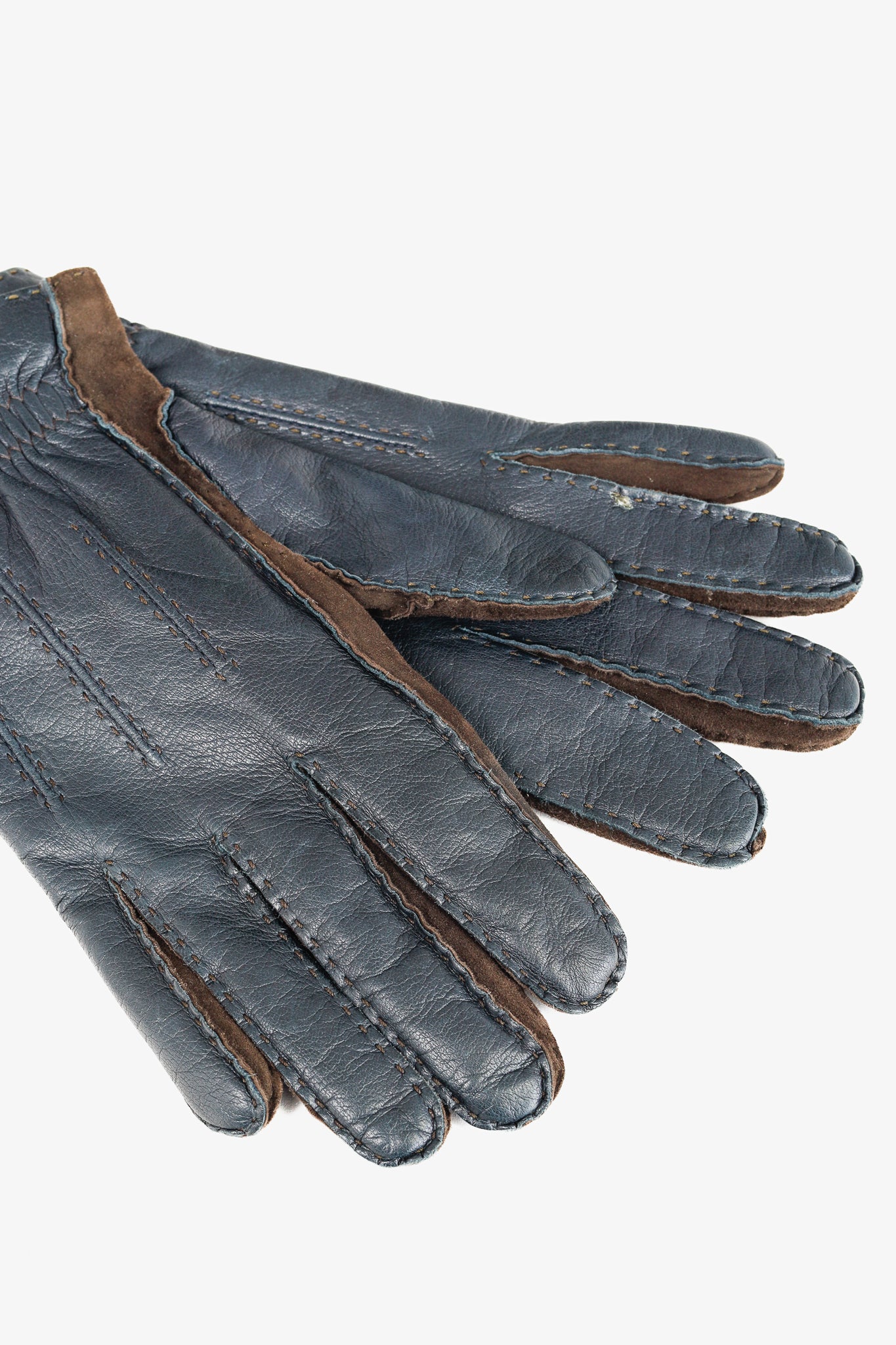 Brunello Cucinelli Navy & Brown Leather Two-Tone Gloves