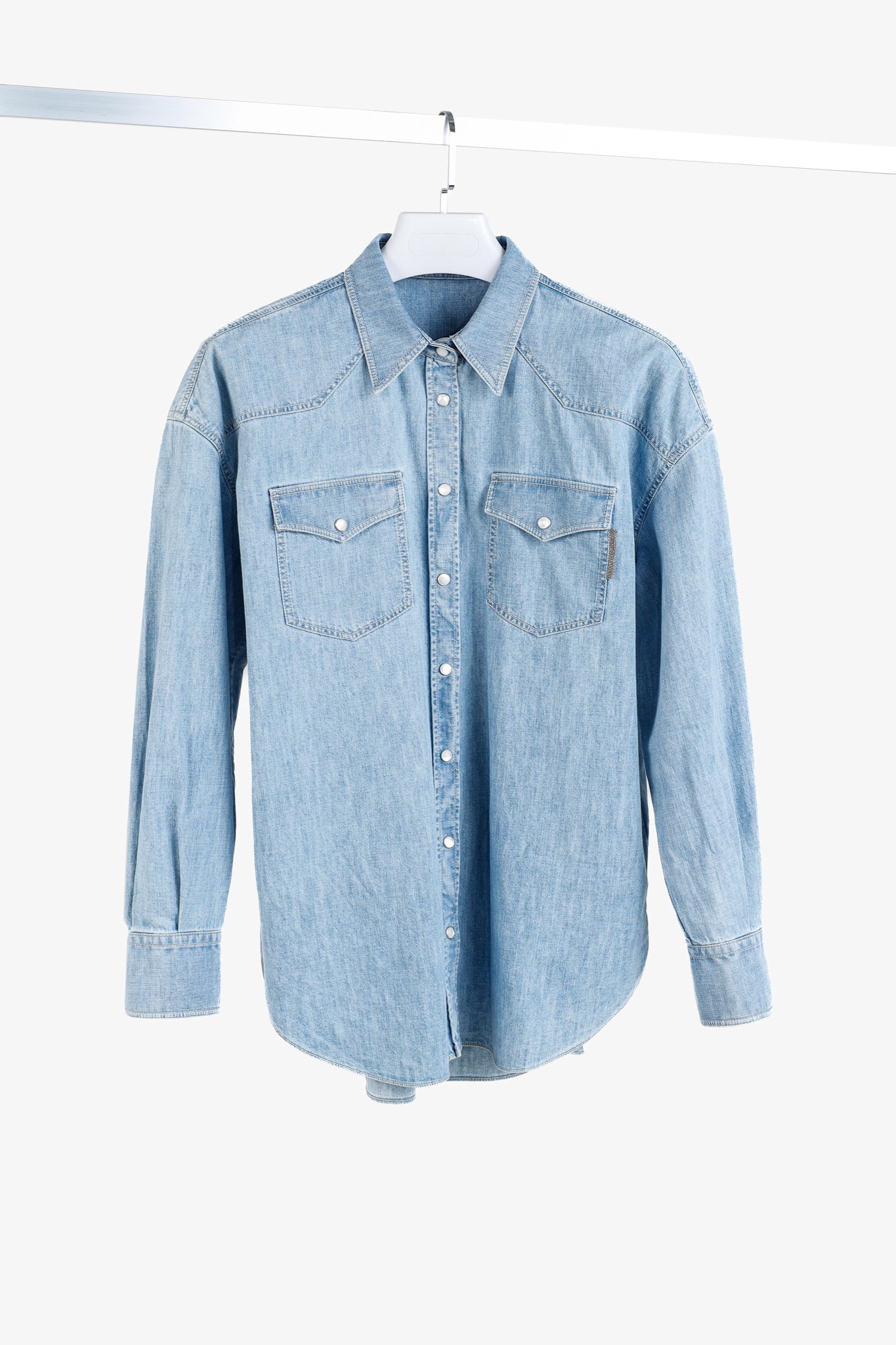 Brunello Cucinelli SS/22 Blue Monili-Trim Button-Down Long-Sleeved Denim Shirt