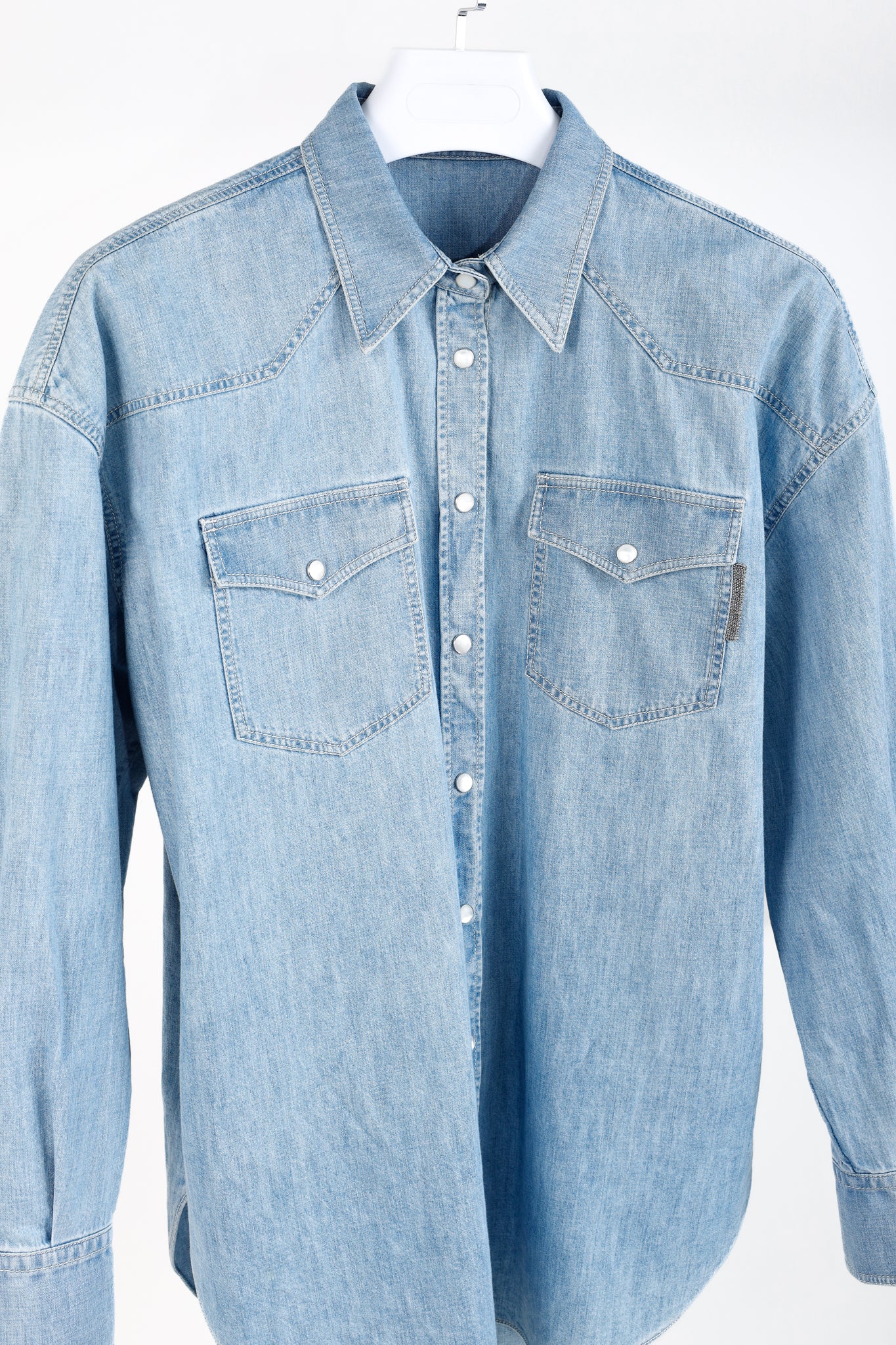 Brunello Cucinelli SS/22 Blue Monili-Trim Button-Down Long-Sleeved Denim Shirt