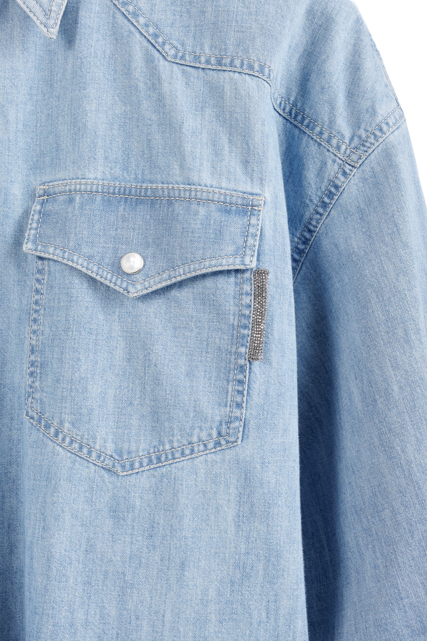 Brunello Cucinelli SS/22 Blue Monili-Trim Button-Down Long-Sleeved Denim Shirt