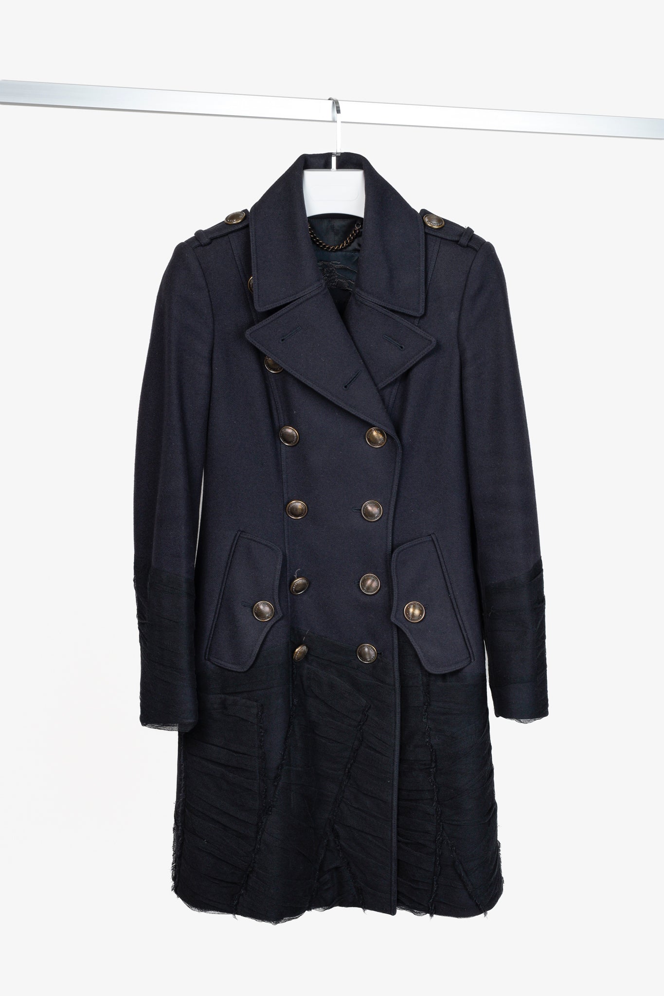 Burberry Prorsum Navy Wool Tulle Trim Pea Coat