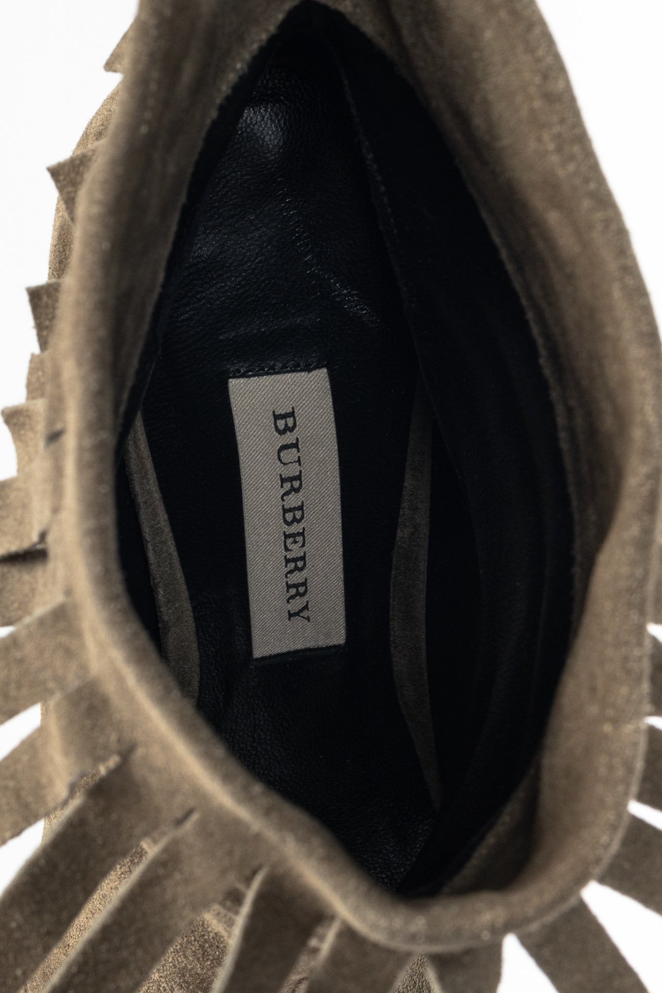 Burberry Pelling Khaki Suede Fringe Peep-Toe Booties