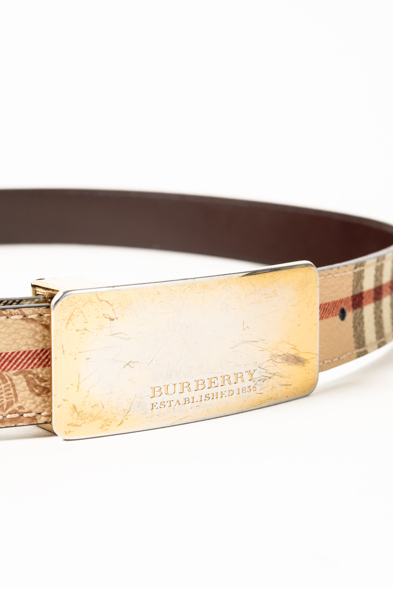 Burberry Classic Nova Check Gold Plaque Buckle Belt
