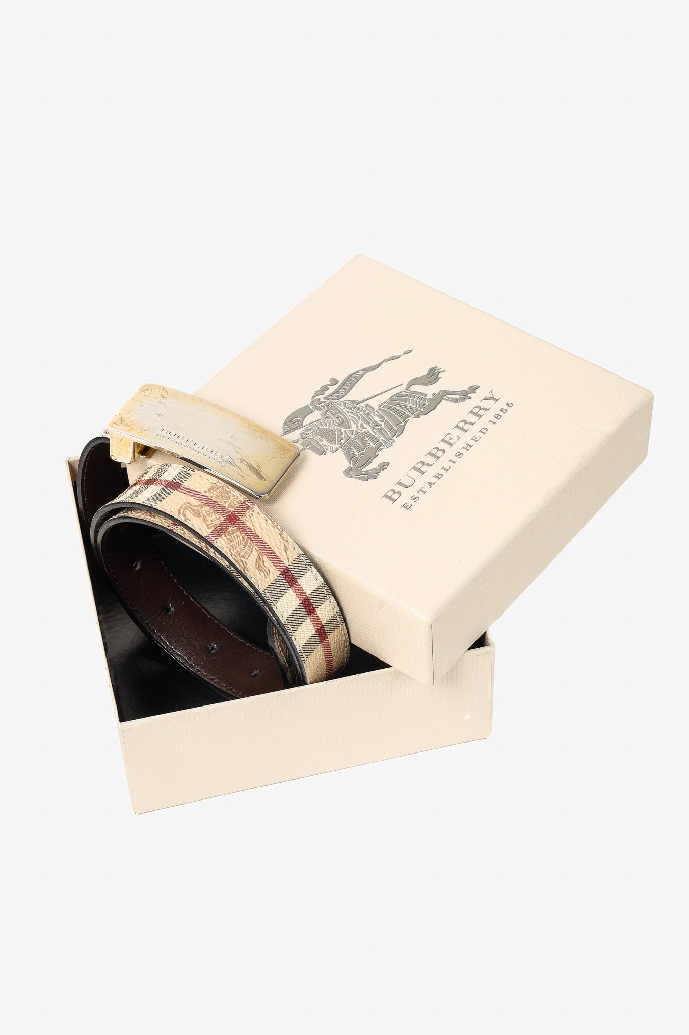Burberry Classic Nova Check Gold Plaque Buckle Belt