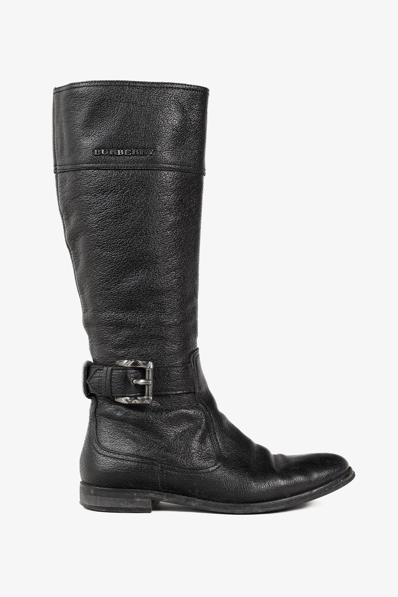 Burberry Black Grained Leather Buckled Riding Boots