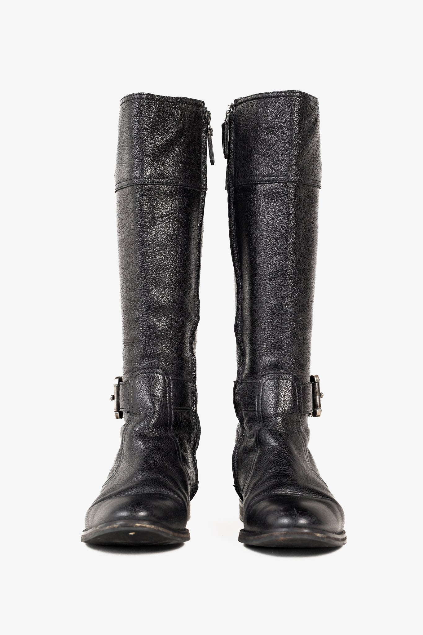 Burberry Black Grained Leather Buckled Riding Boots