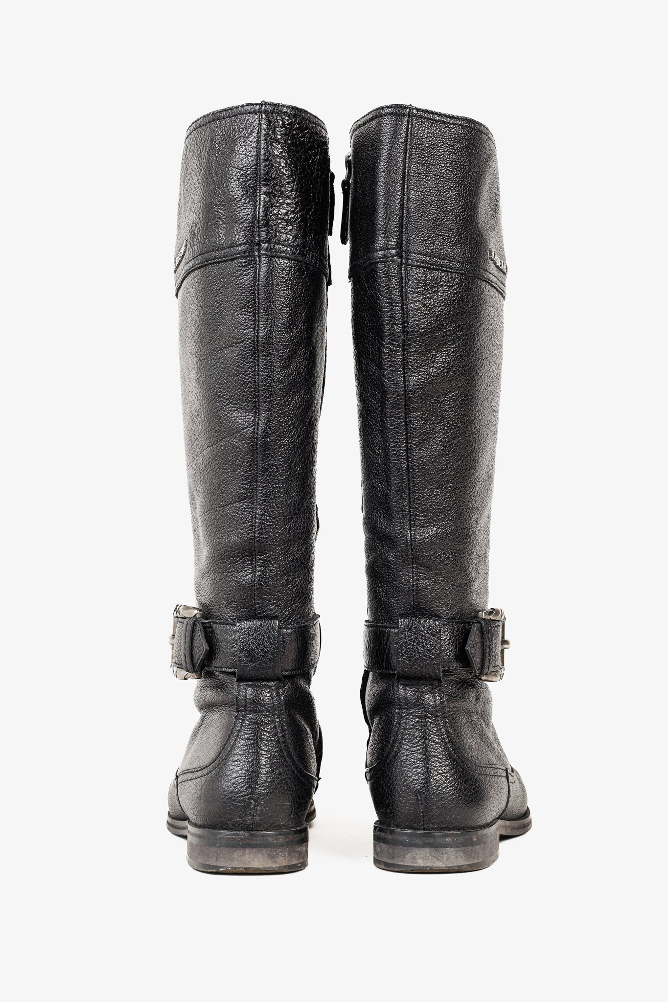 Burberry Black Grained Leather Buckled Riding Boots