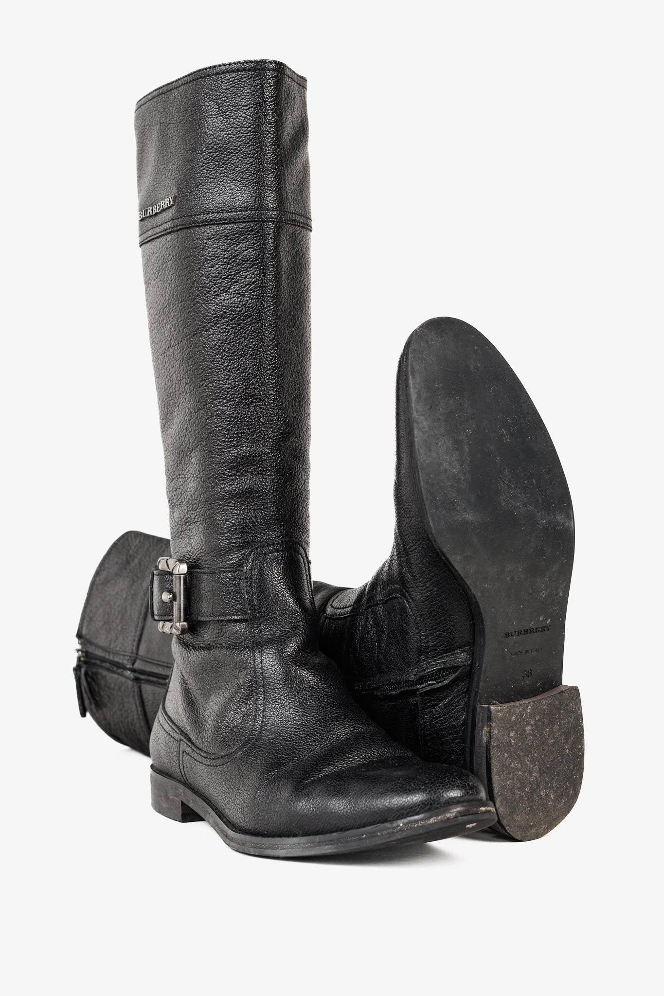 Burberry Black Grained Leather Buckled Riding Boots