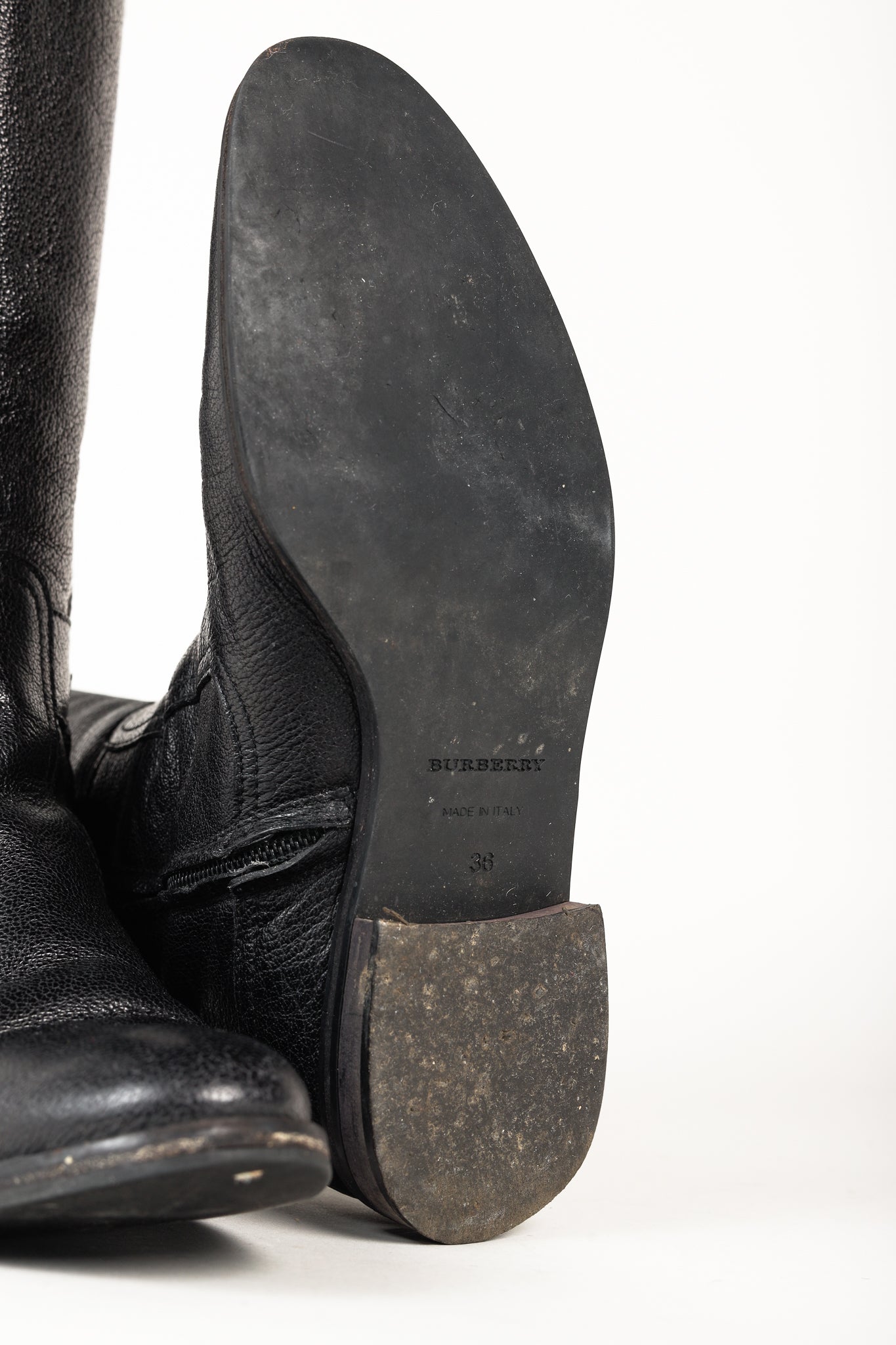 Burberry Black Grained Leather Buckled Riding Boots