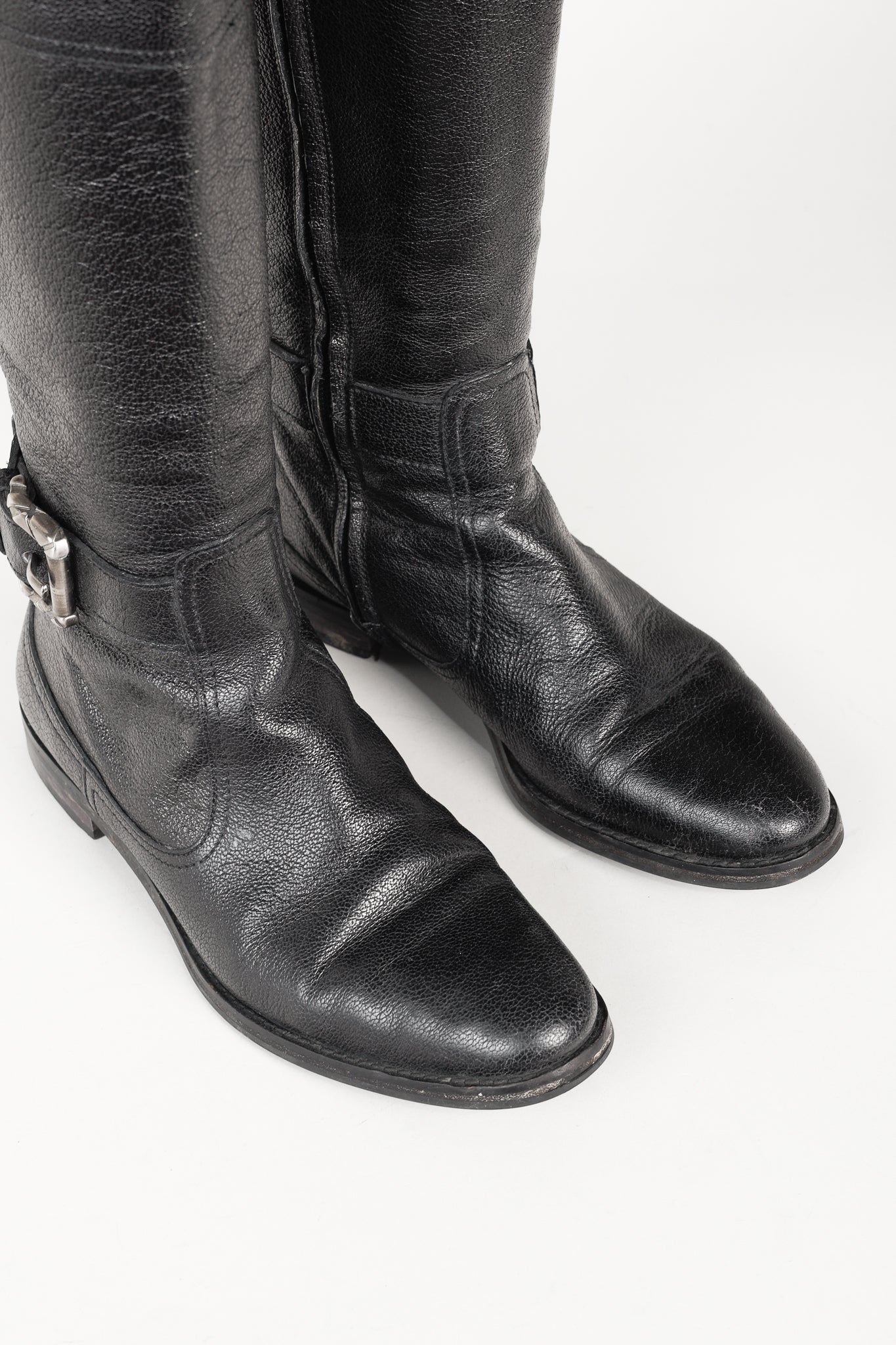 Burberry Black Grained Leather Buckled Riding Boots