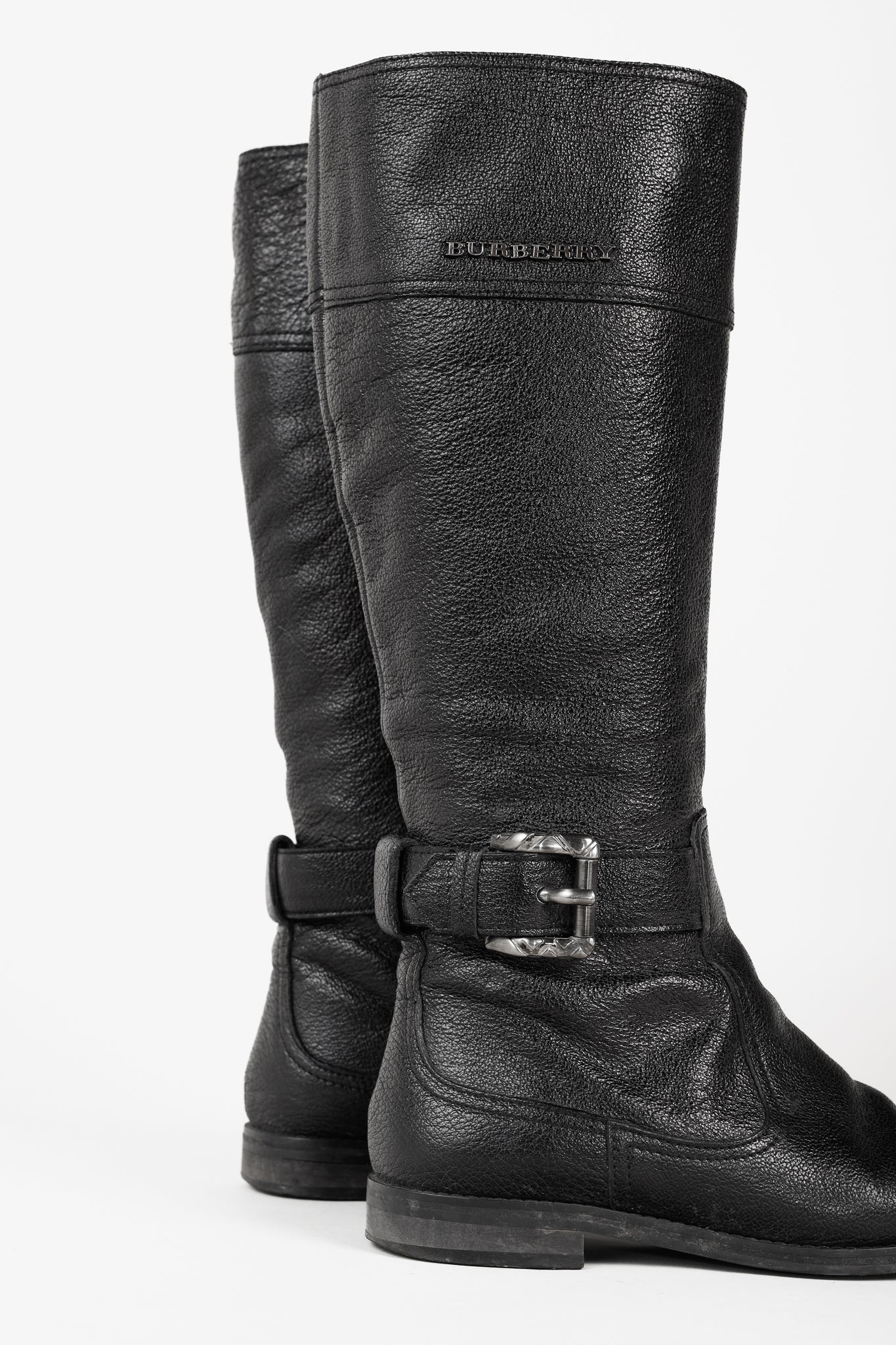 Burberry Black Grained Leather Buckled Riding Boots