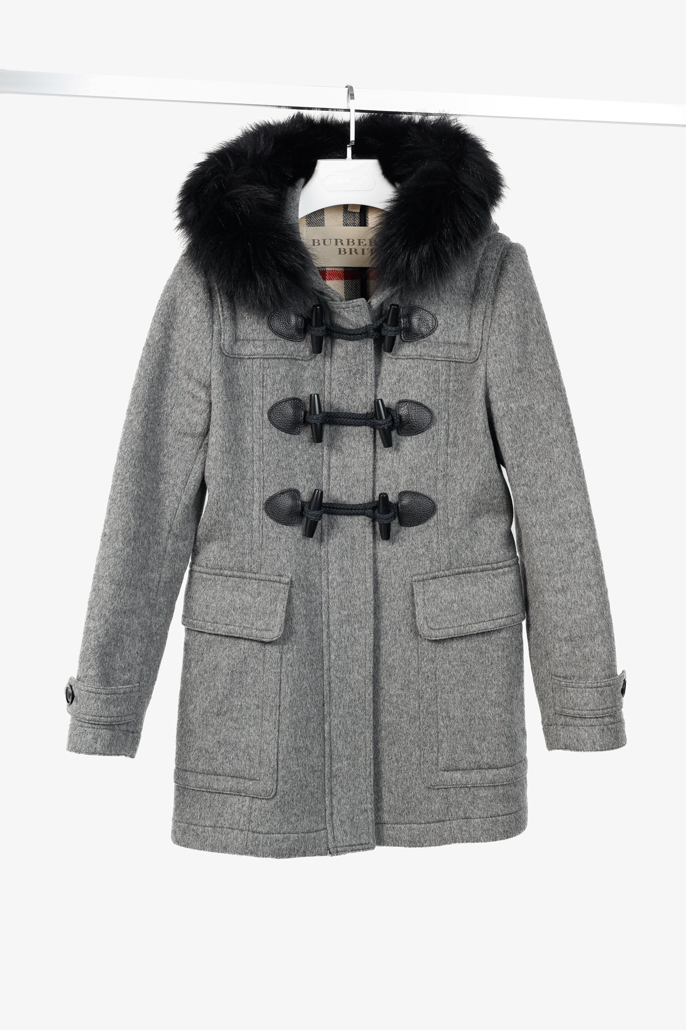 Burberry Brit Blackwell Grey Wool Fur-Trim Duffle Coat