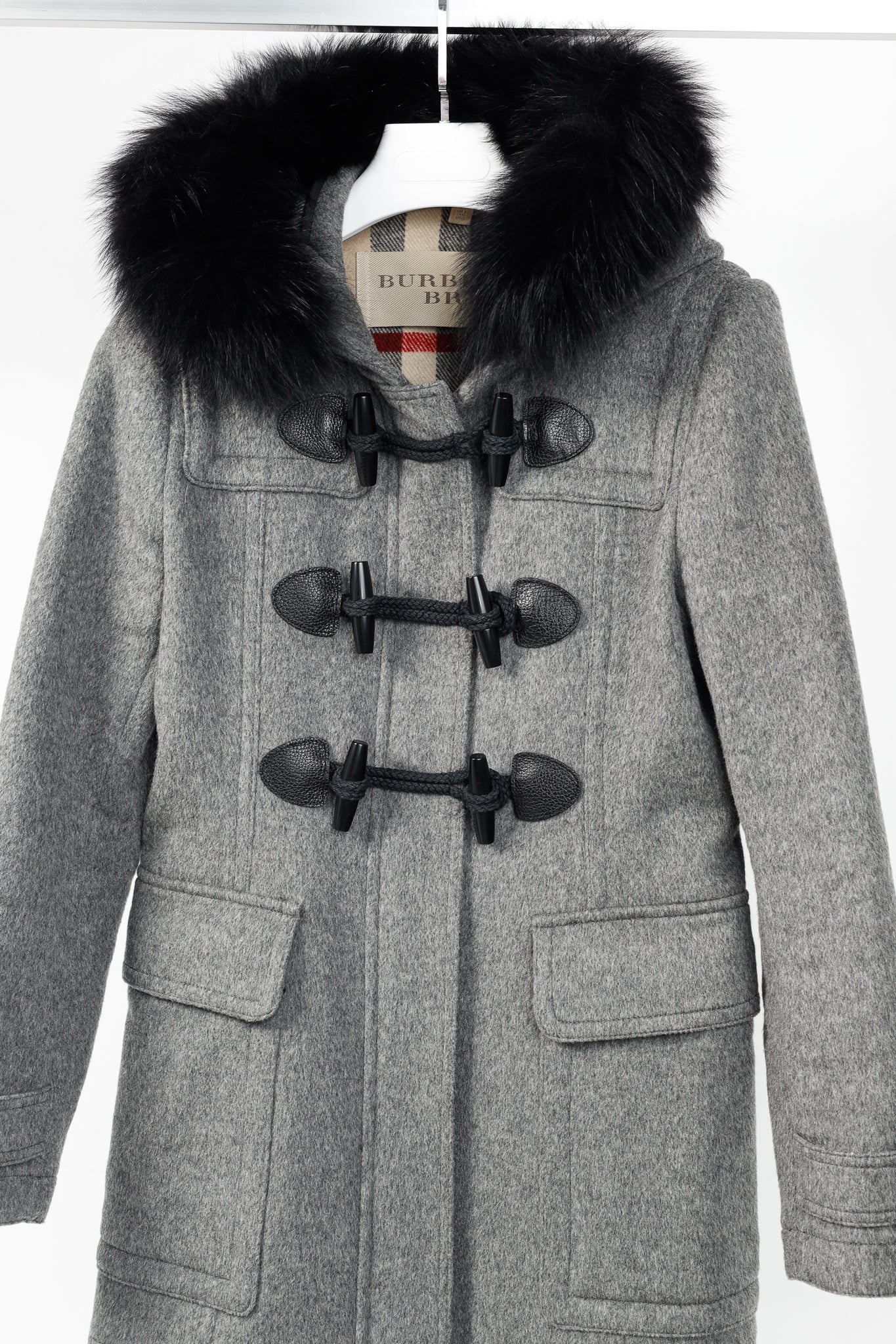 Burberry Brit Blackwell Grey Wool Fur-Trim Duffle Coat