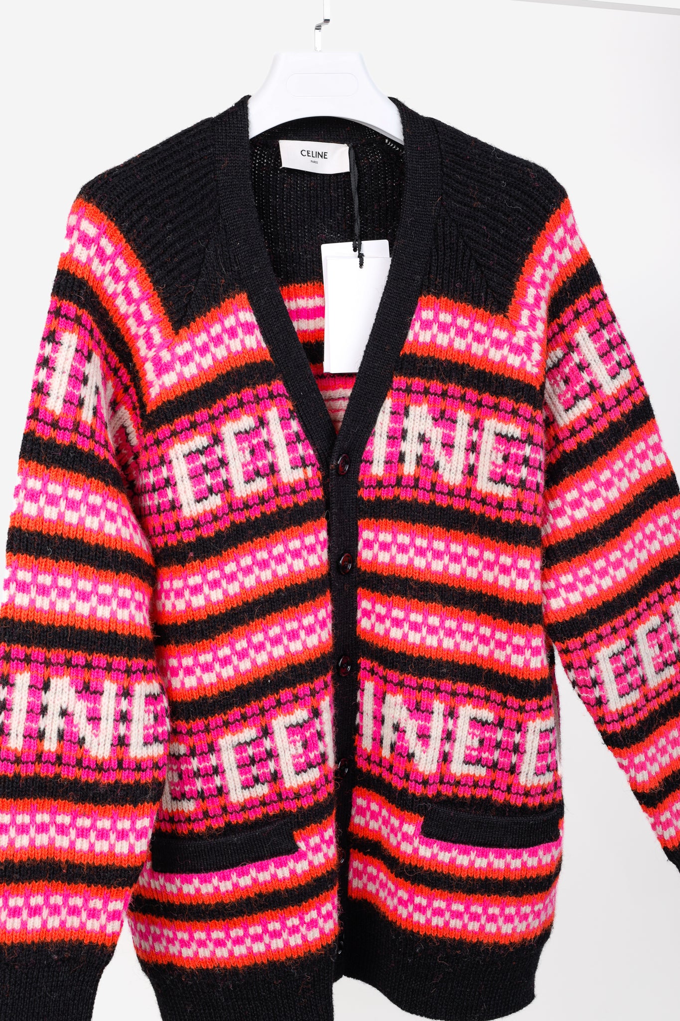 Celine Pink Striped Jacquard-Knit Wool Ski Cardigan