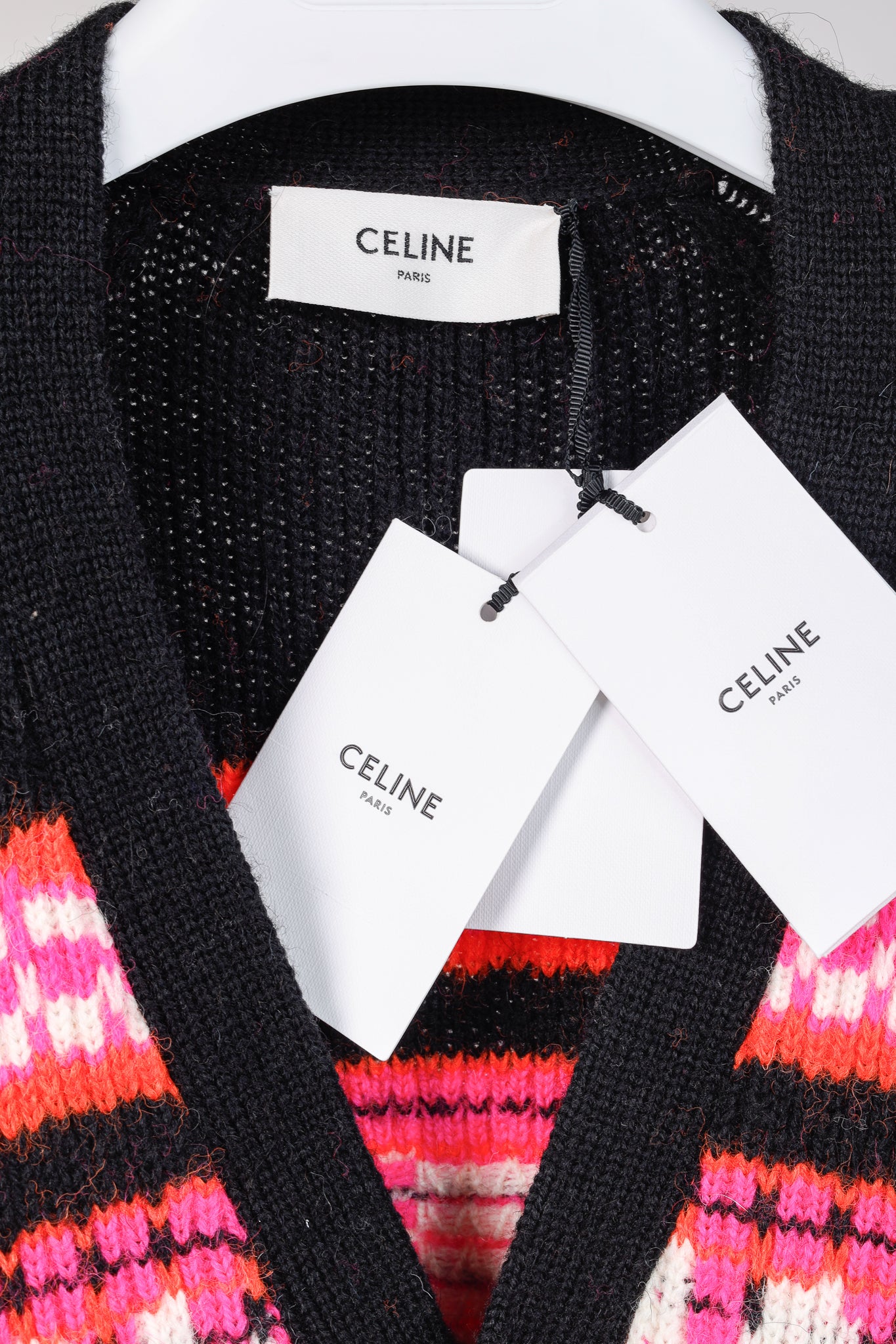 Celine Pink Striped Jacquard-Knit Wool Ski Cardigan