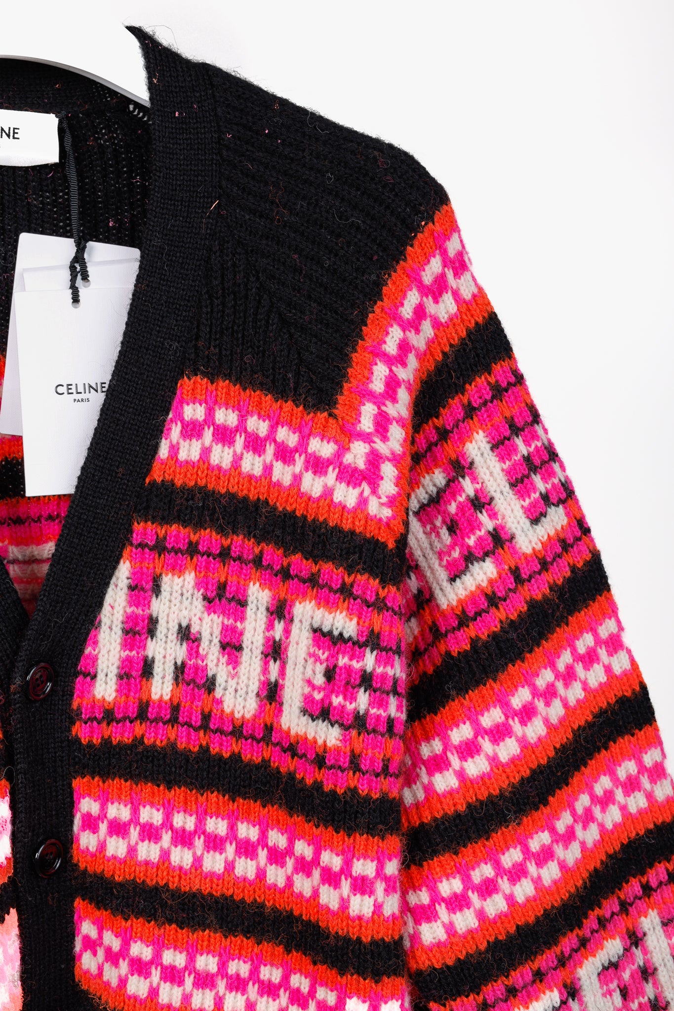 Celine Pink Striped Jacquard-Knit Wool Ski Cardigan