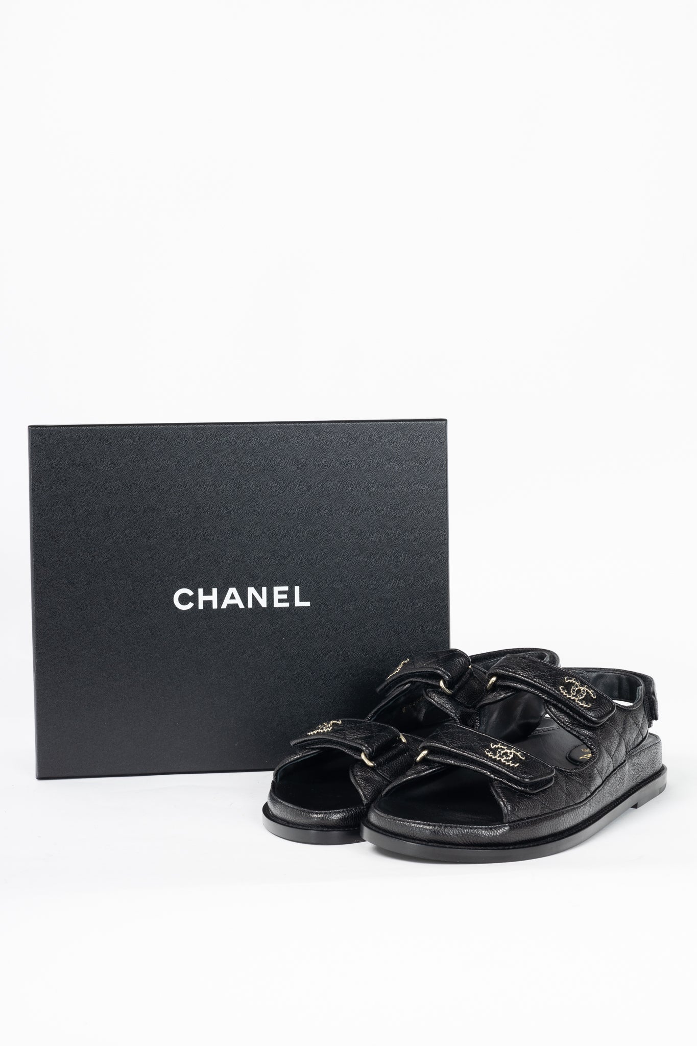 Chanel Black Caviar Quilted CC Dad Sandals